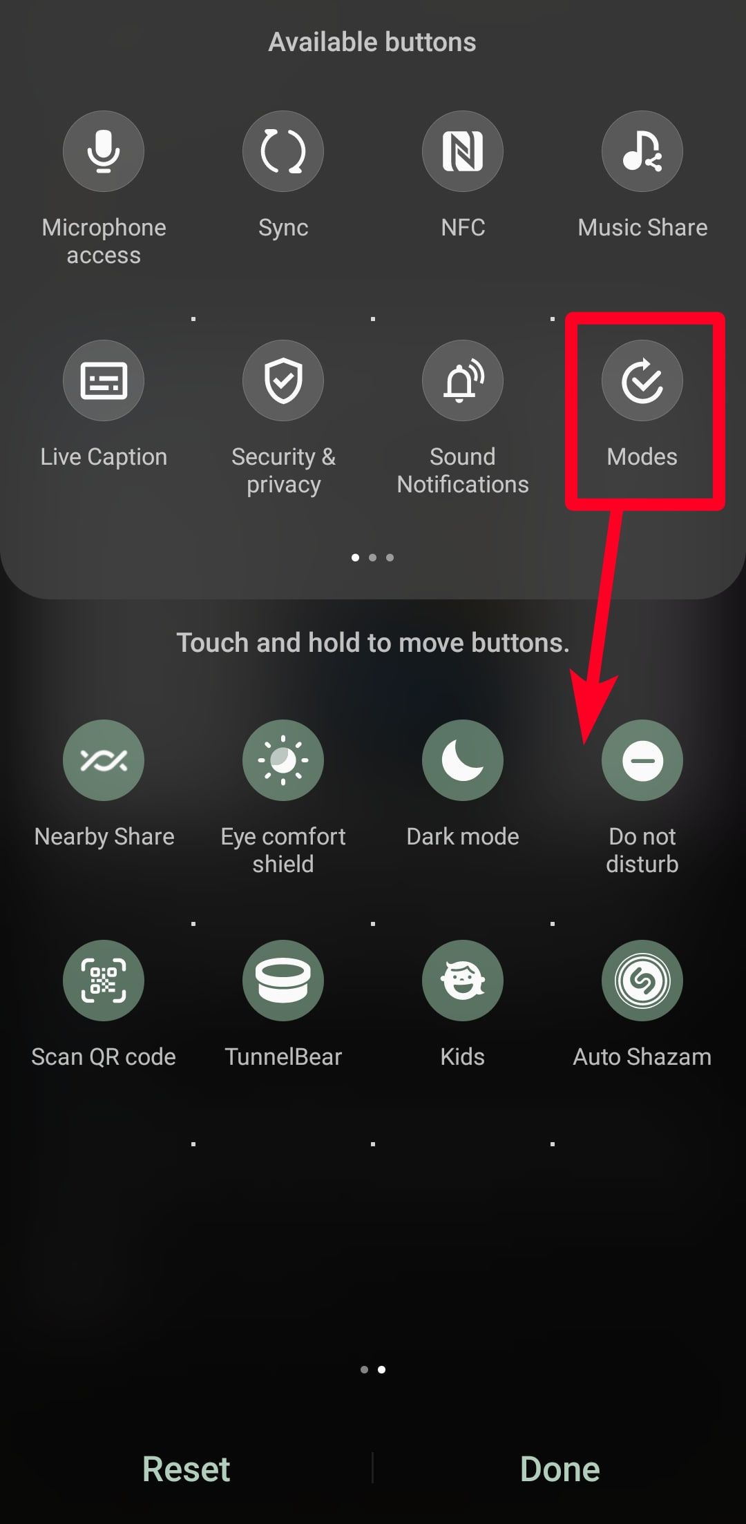 Menyeret tombol Mode ke pengaturan Cepat Android