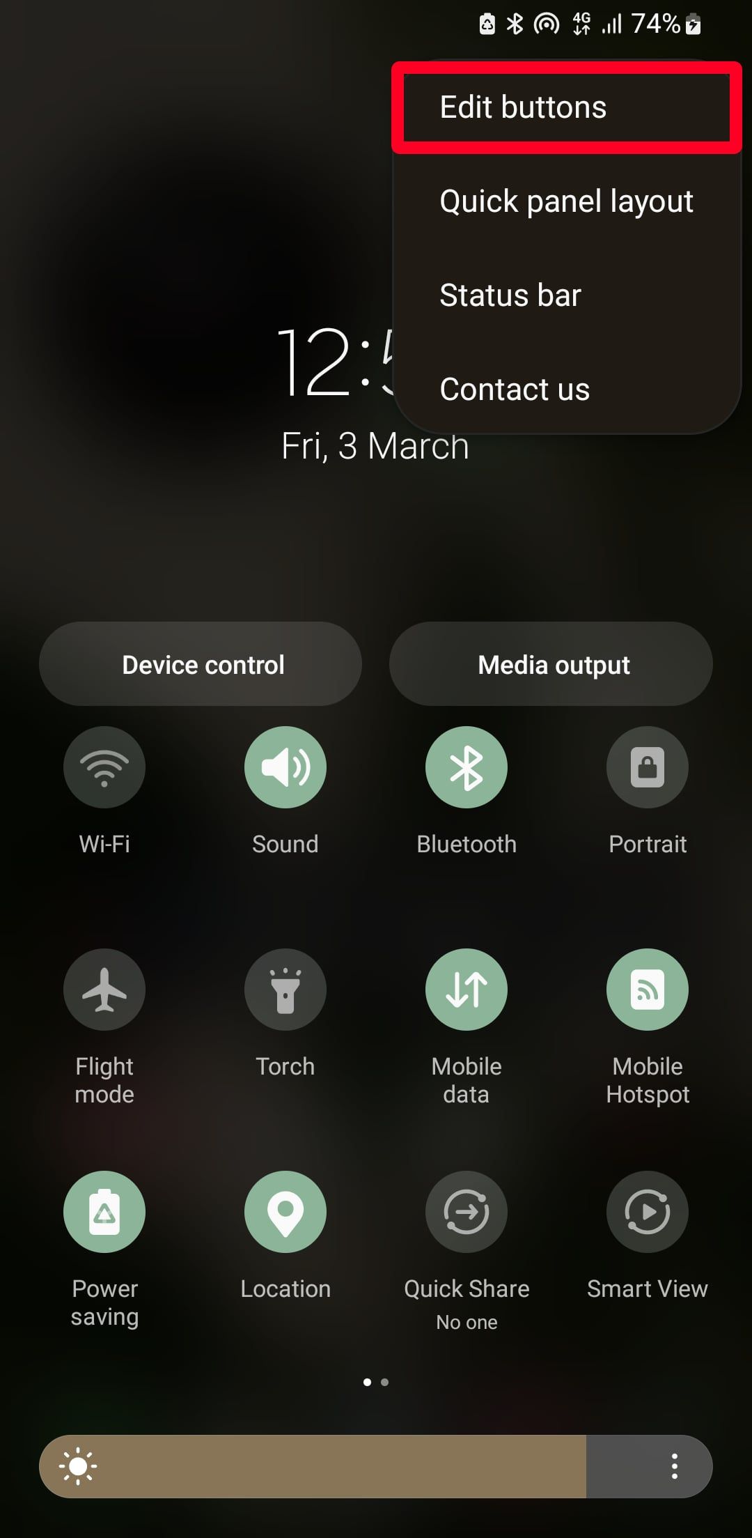 Edit buttons option in Android quick settings menu