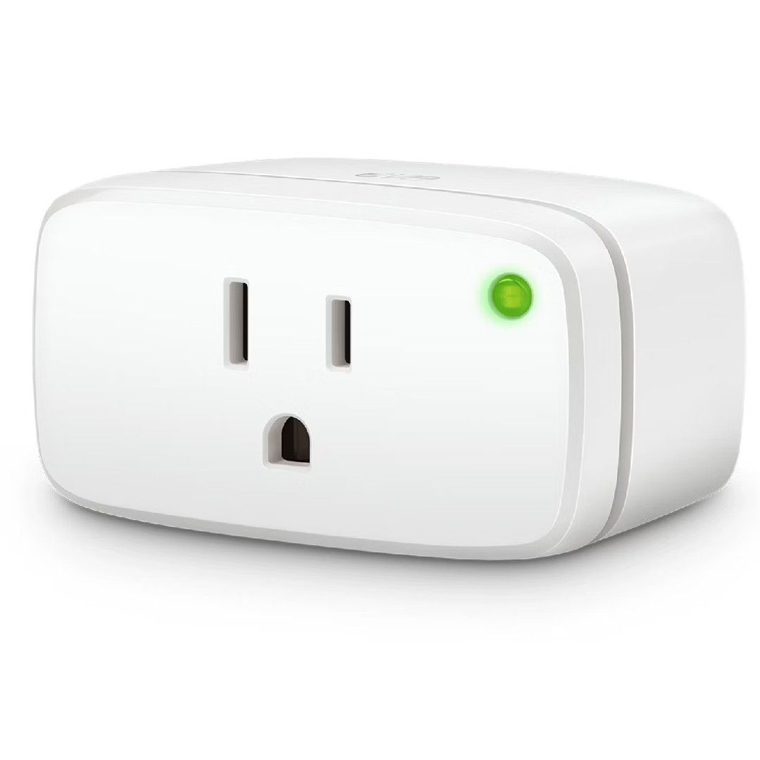 eve energy smart plug positioned at an angle on a white background