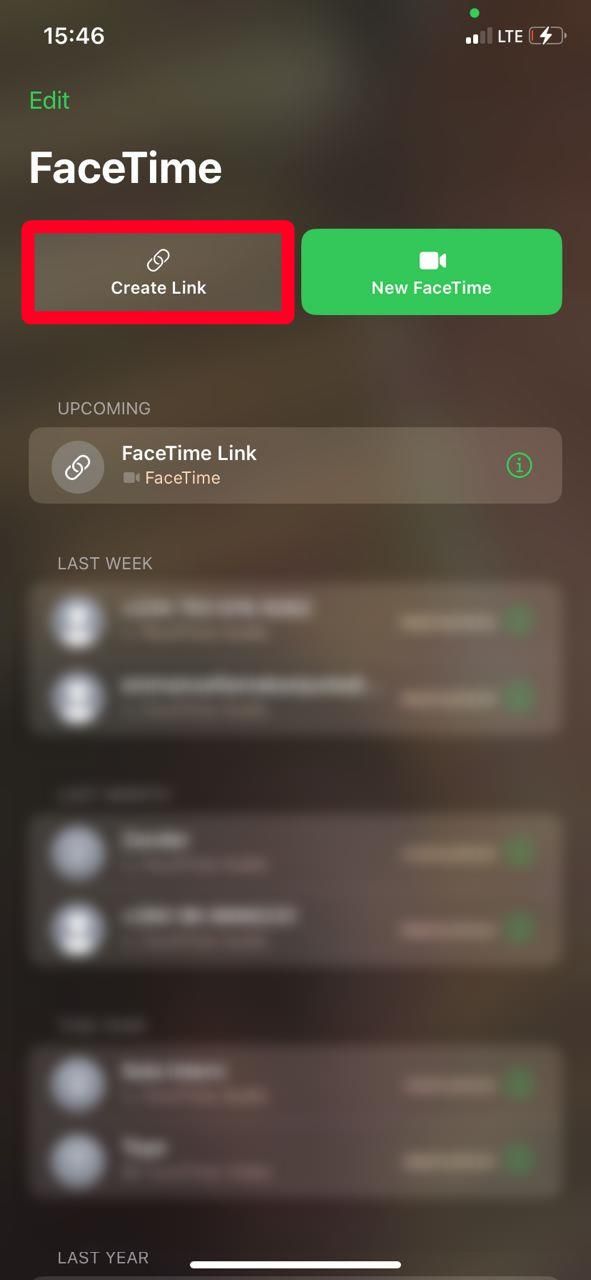 red rectangle outline over create link option in FaceTime