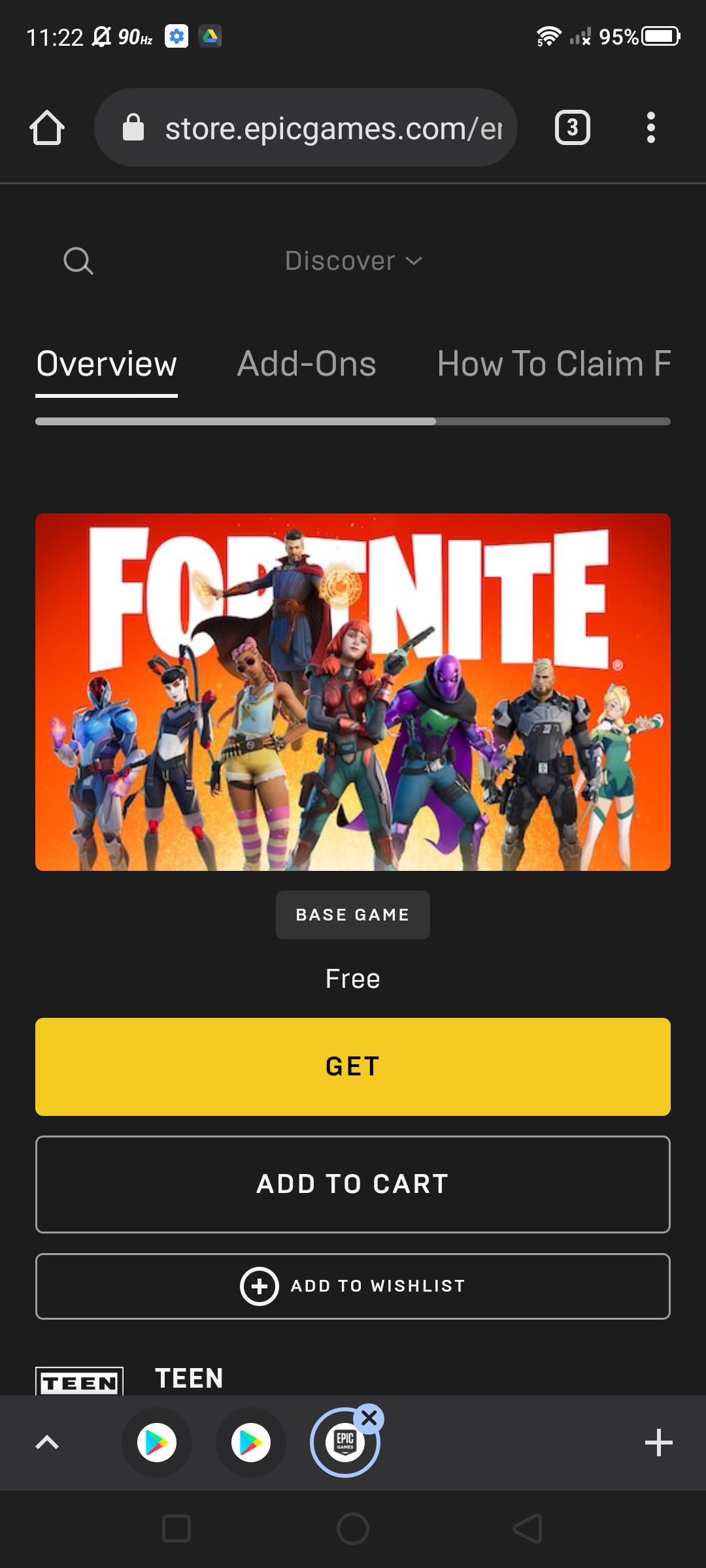 Fortnite on the Epic Games store with get button
