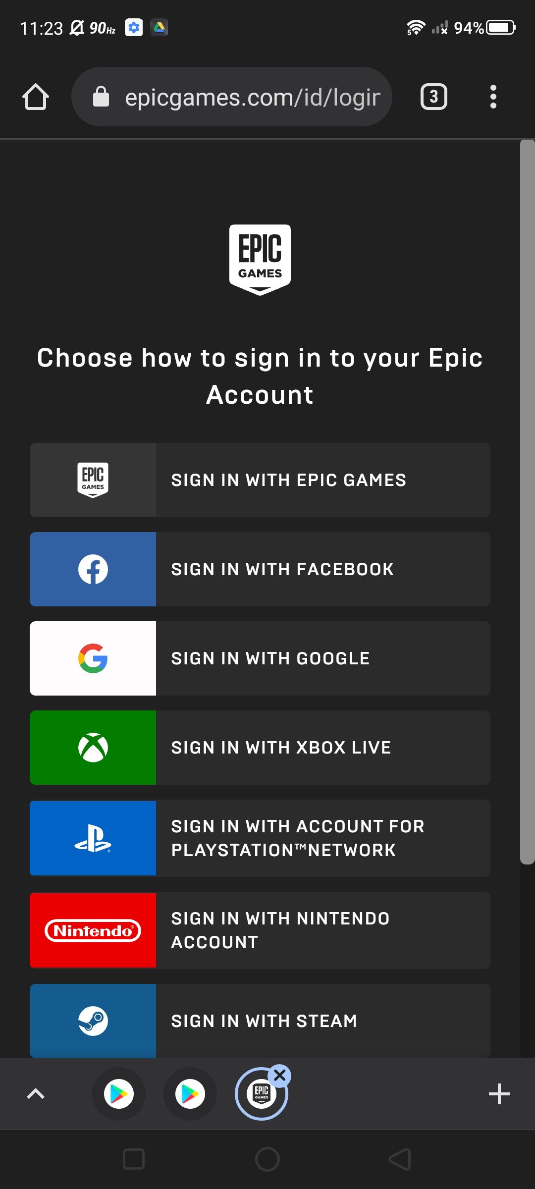Captura de tela dos métodos de inscrição para a loja da Epic Games