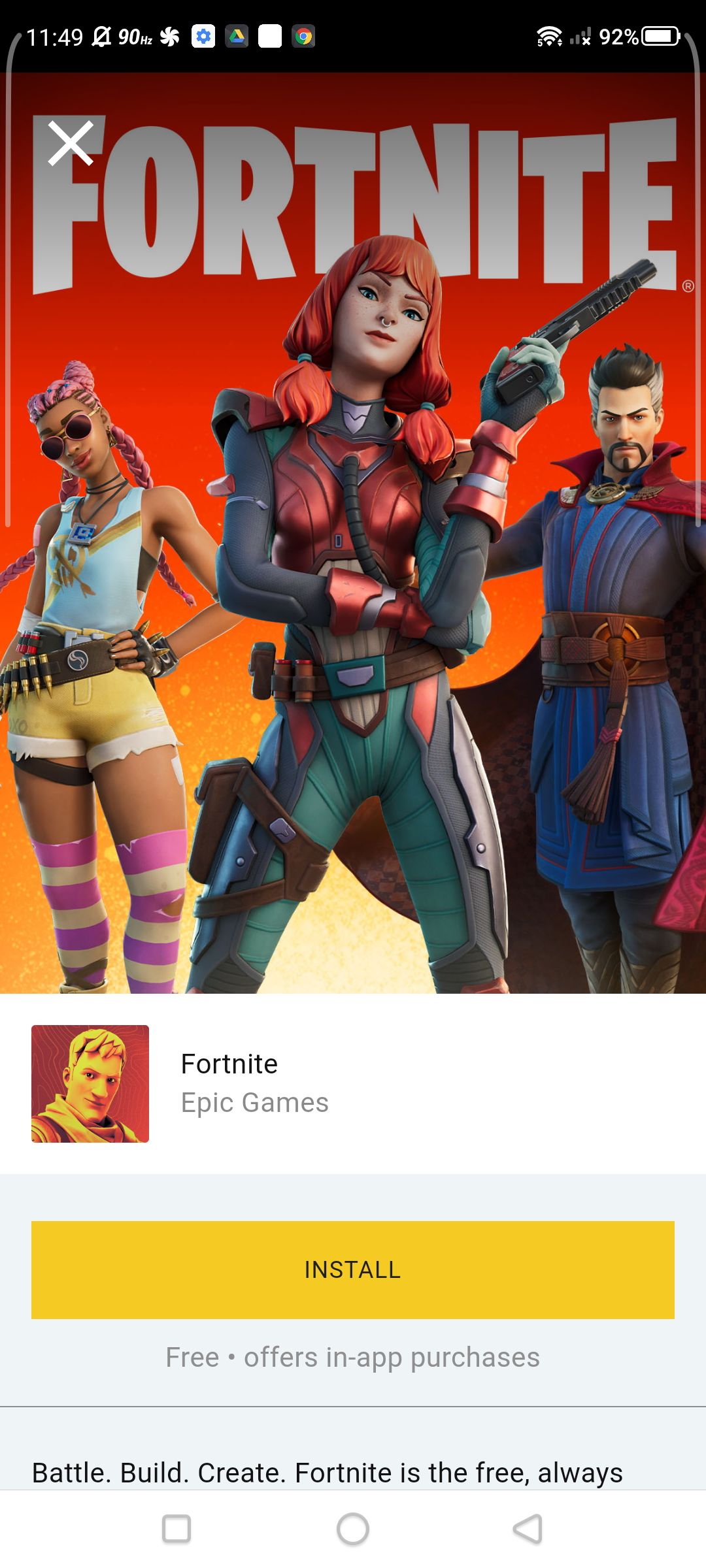 Fortnite install page on the Epic Games app