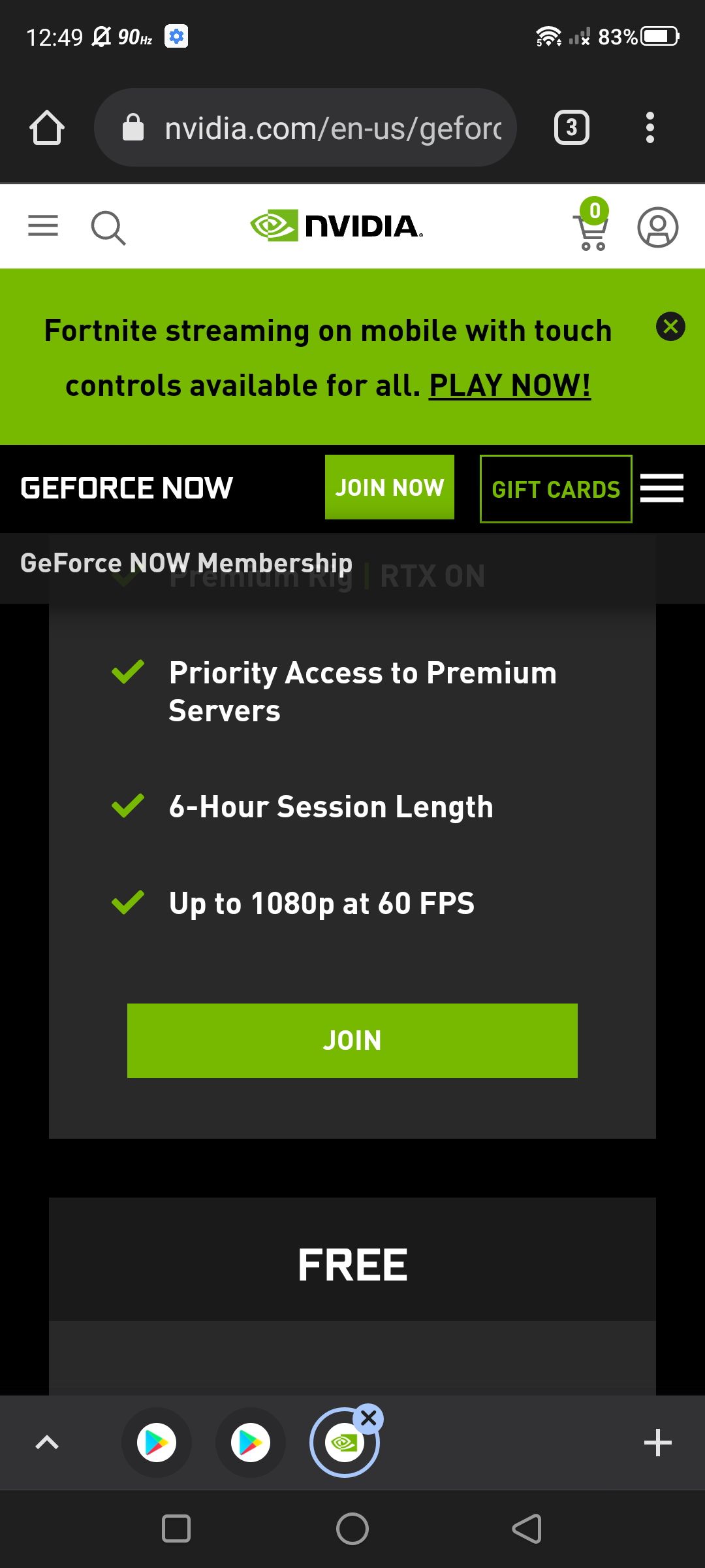 GeForce Now account registration page with membership plan listings