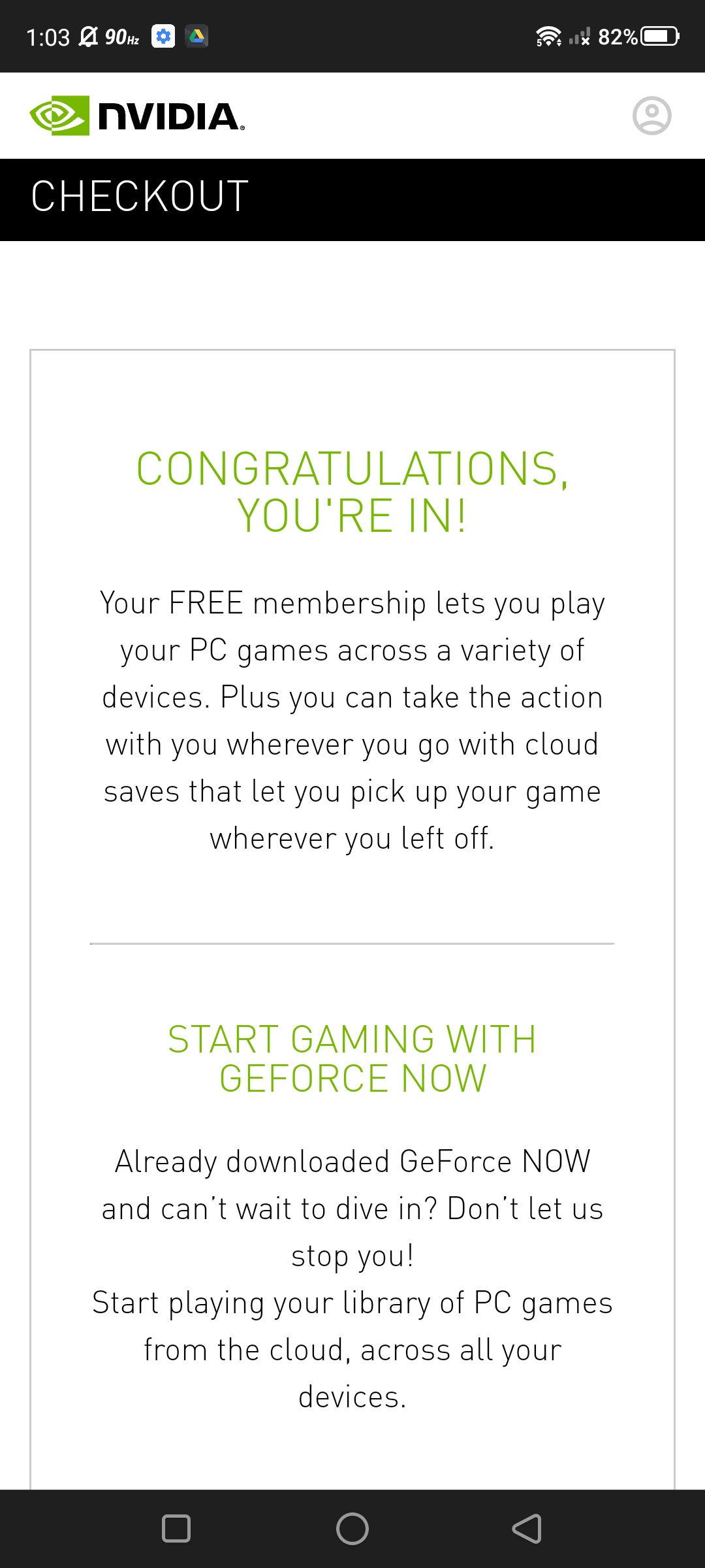 finished registration page with geforce now