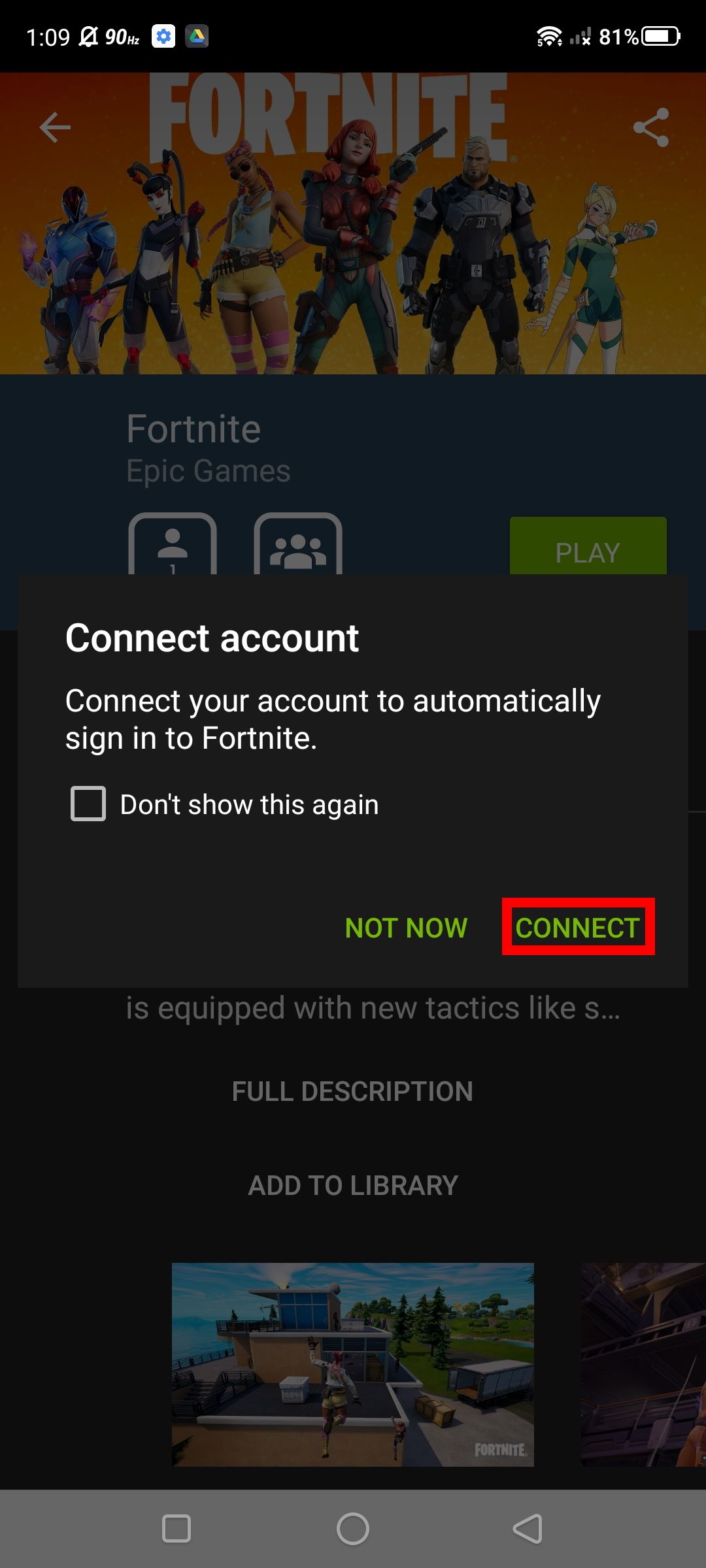 Captura de tela de como conectar sua conta ao Fortnite do GeForce Now