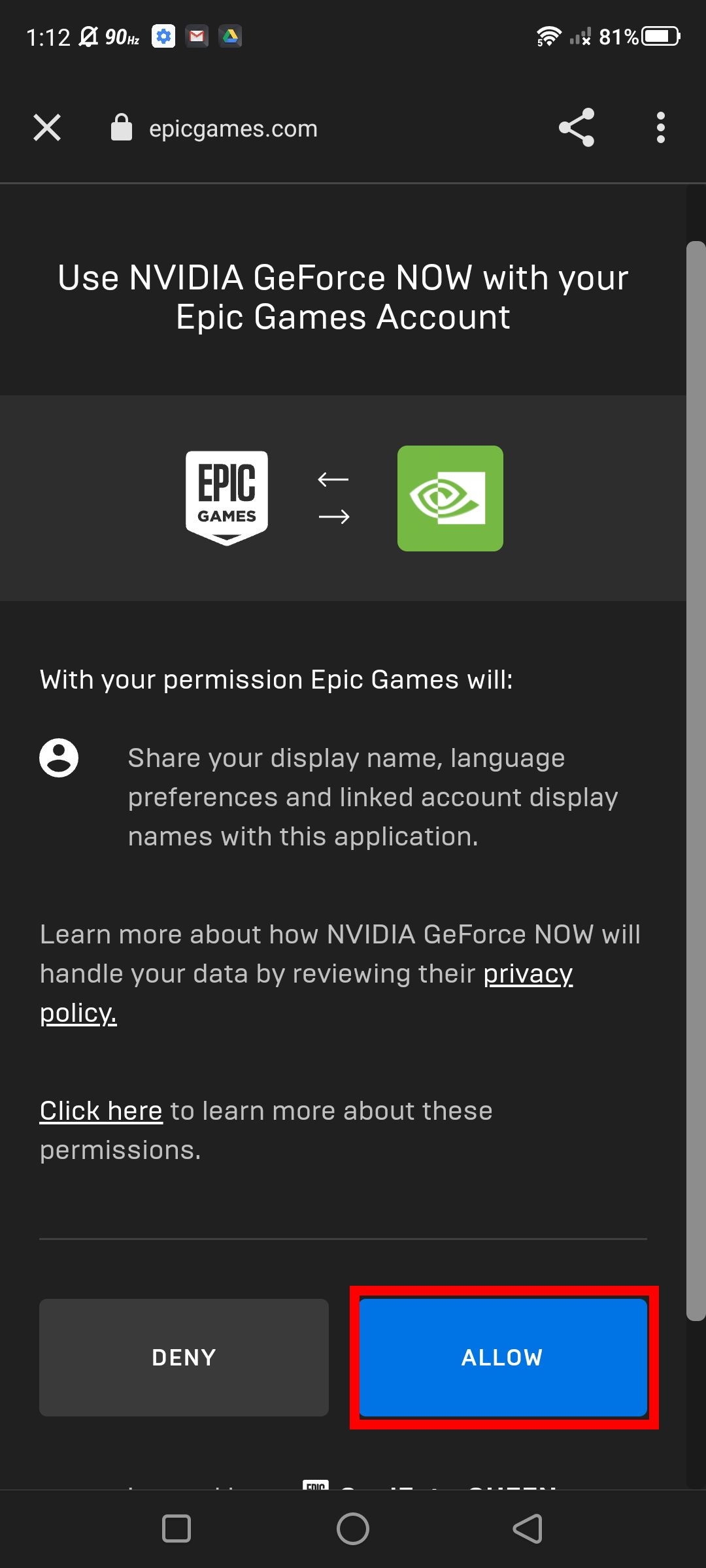 Captura de tela da adição de permissões de conexão para o GeForce Now e sua conta da Epic Games