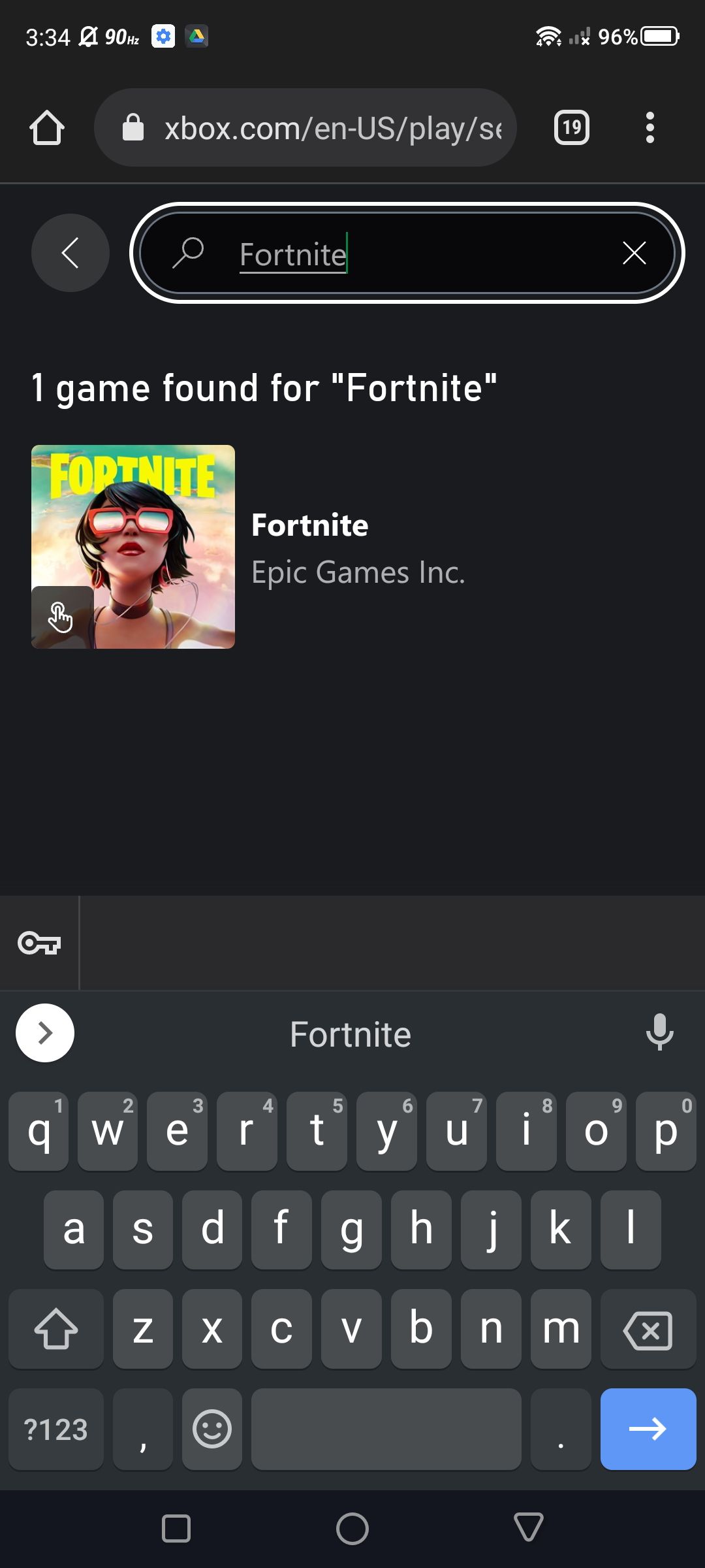 Captura de tela da busca por Fortnite no xCloud