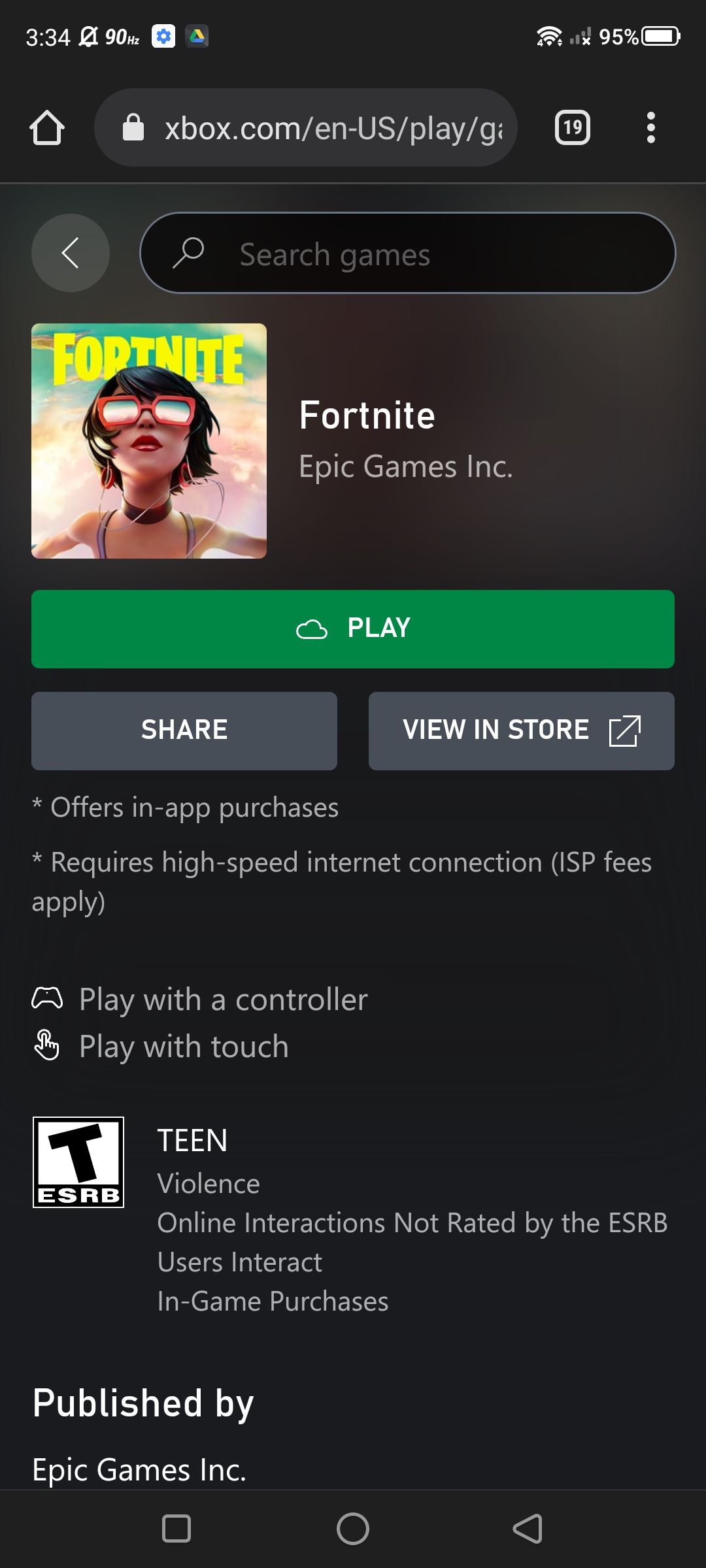 Fortnite's listing page on xCloud with play button