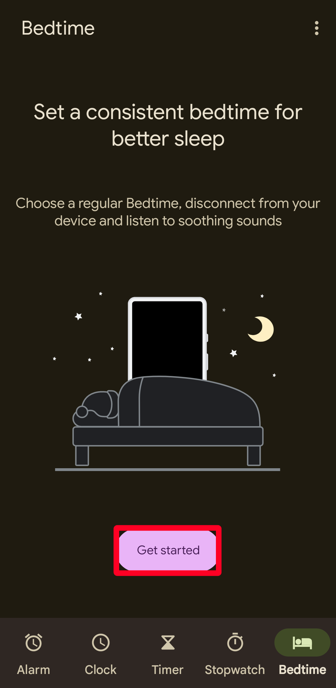 Opsi memulai di menu Google Clock Bedtime