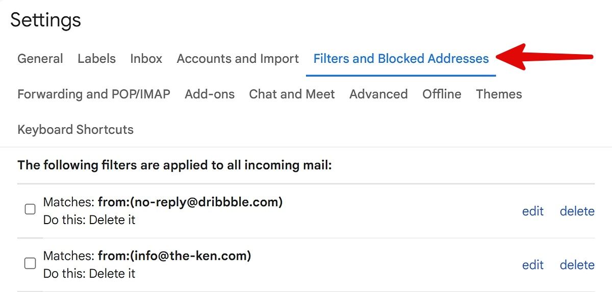 Filters and blocked addresses in Gmail