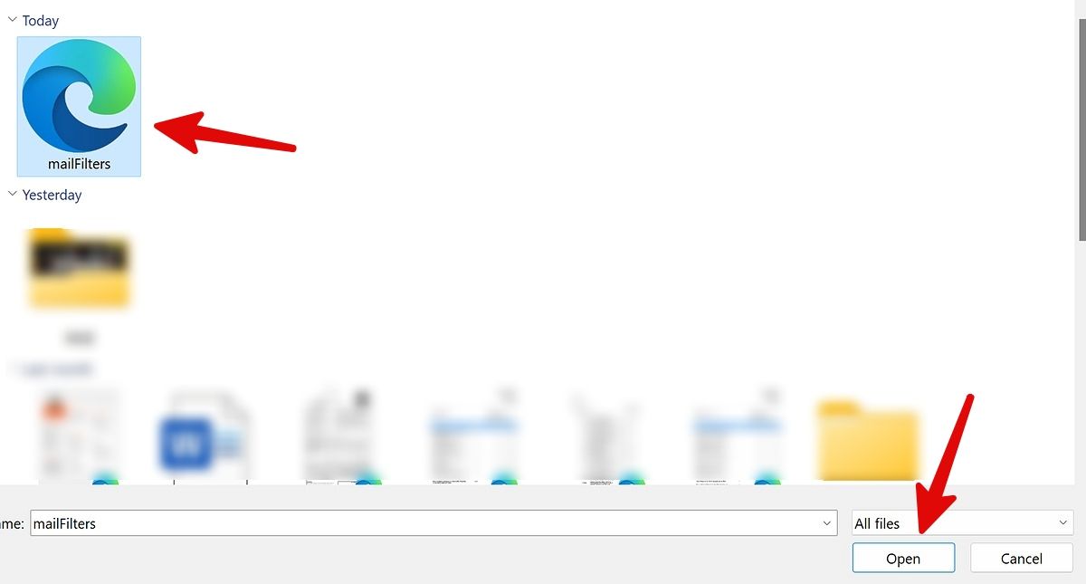 selecione o arquivo de filtro do Gmail