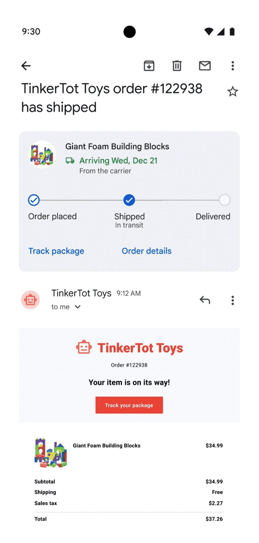 Screenshot shows the package tracking card when viewing a specific email.