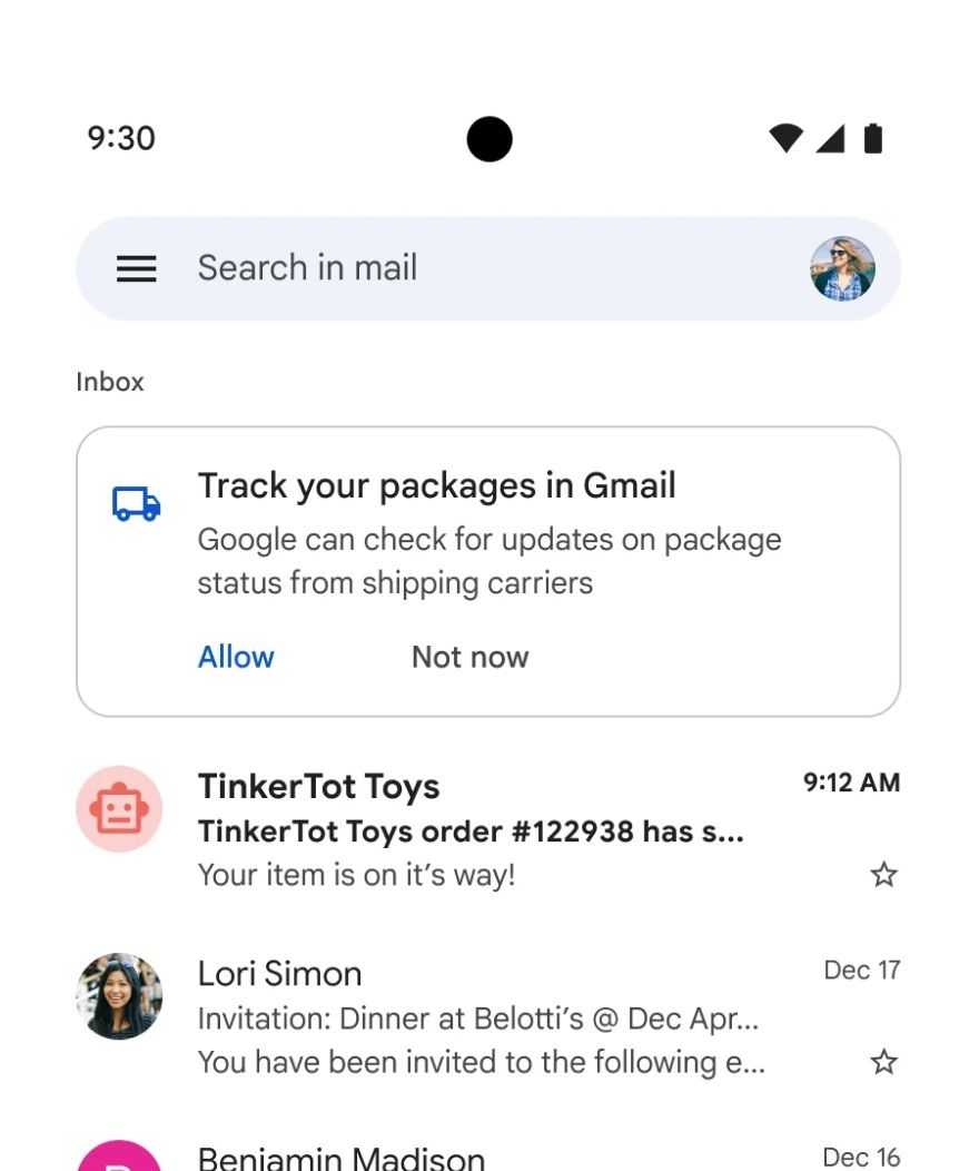 A captura de tela mostra o prompt que aparece no Gmail ao receber um e-mail com detalhes de rastreamento do pacote.