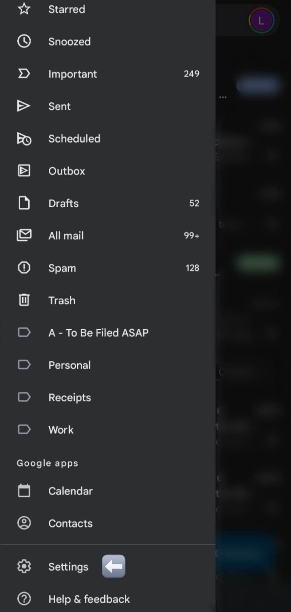 A captura de tela mostra as opções de menu do Gmail no Android com uma seta apontando para a opção 