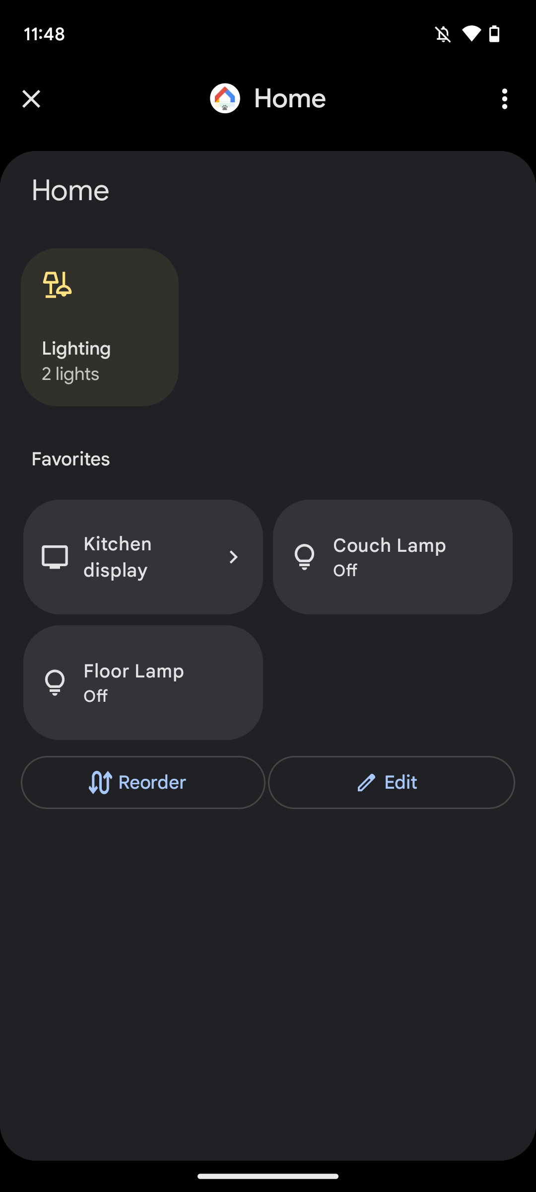 Captura de tela dos controles do dispositivo como eles são na versão de visualização do Google Home no Android 14