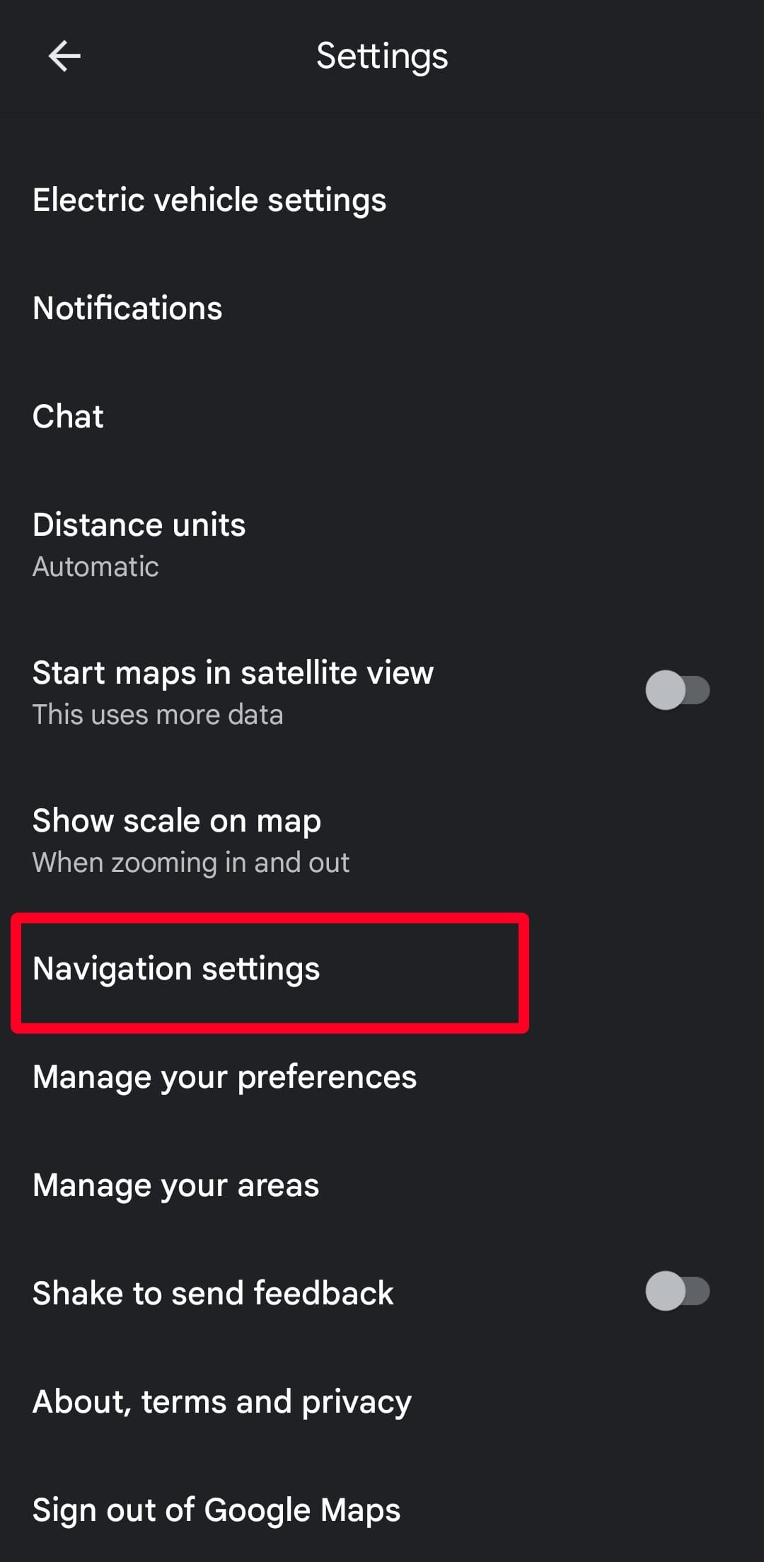 Google Maps settings menu on the mobile app