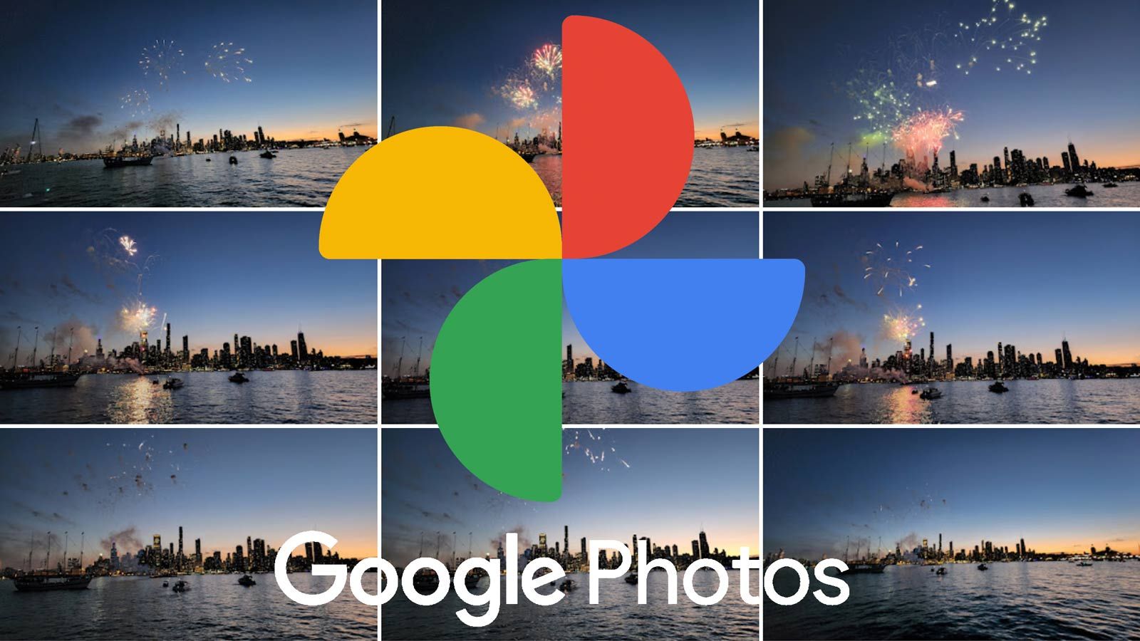 The Google Photos logo placed in front of 9 images of fireworks