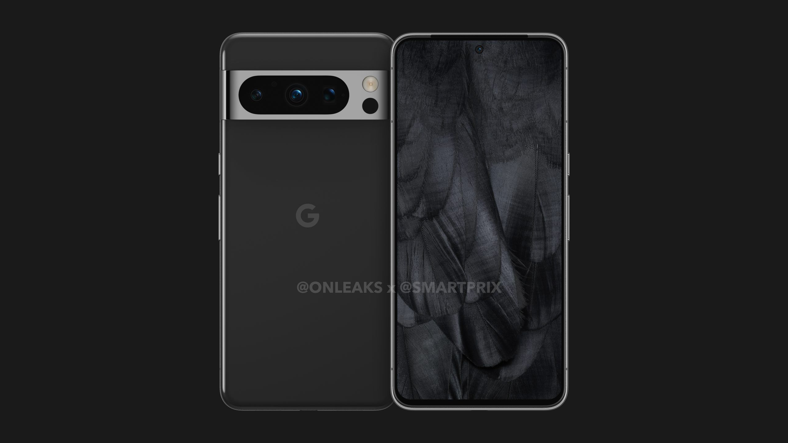 A render of two black Google Pixel Pro phones against a black background. 