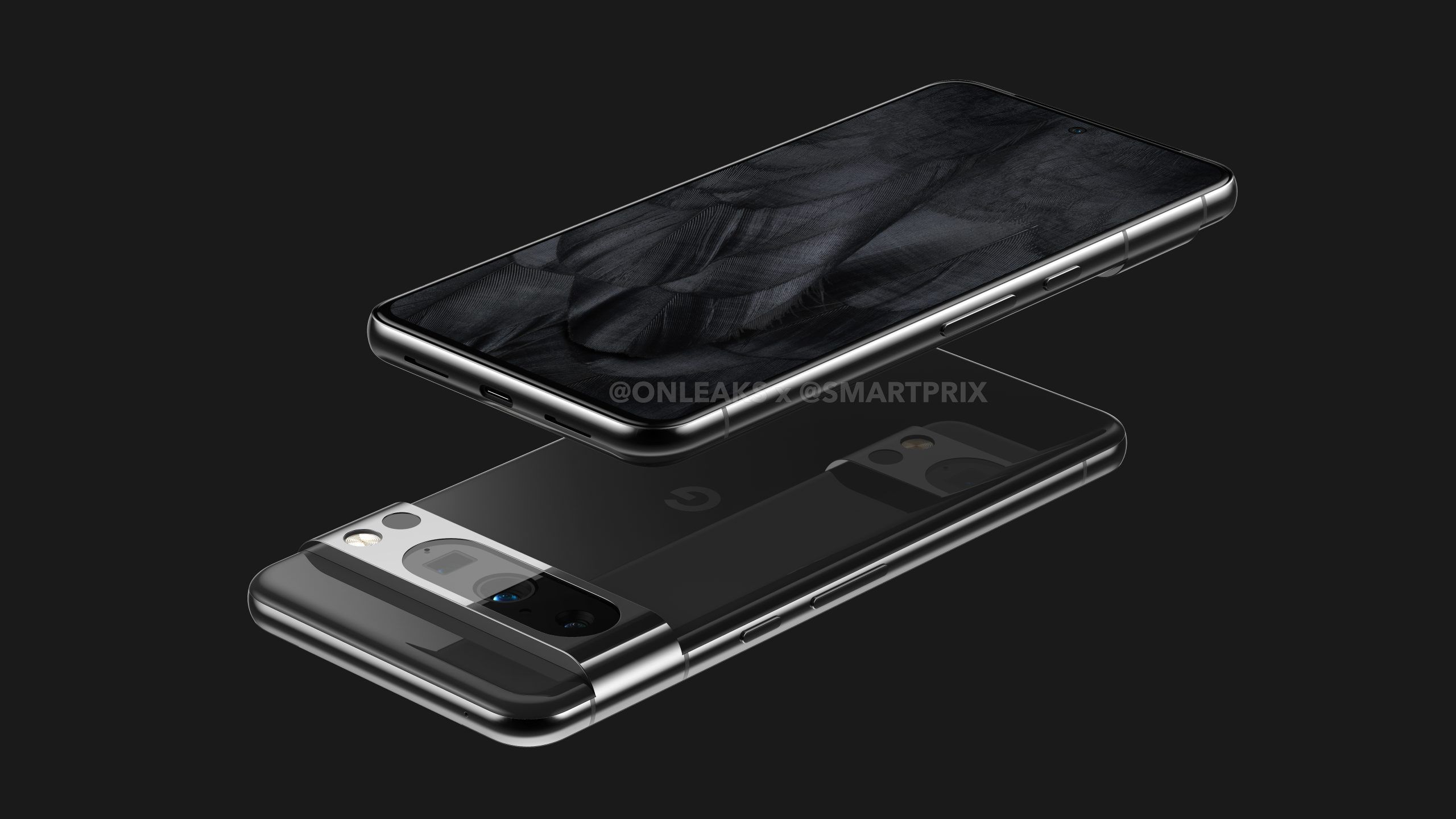 A render of two black Google Pixel 8 Pro phones showing the front, back, and sides.