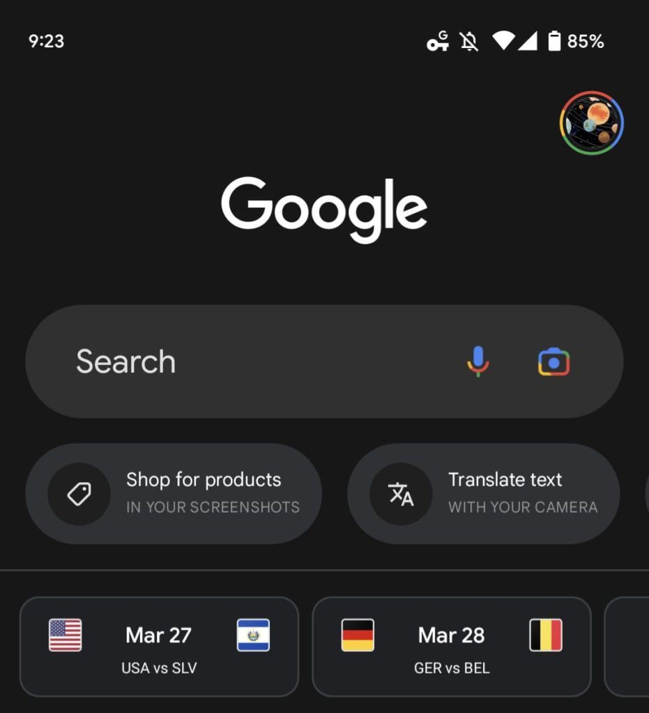 Screenshot of redesigned bigger Google search bar in Google app in dark mode