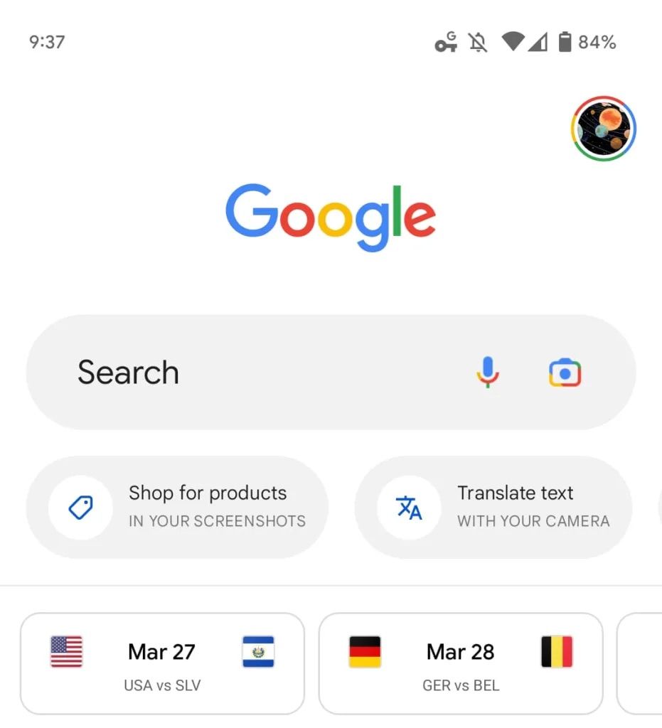 Screenshot of redesigned bigger Google search bar in Google app in light mode
