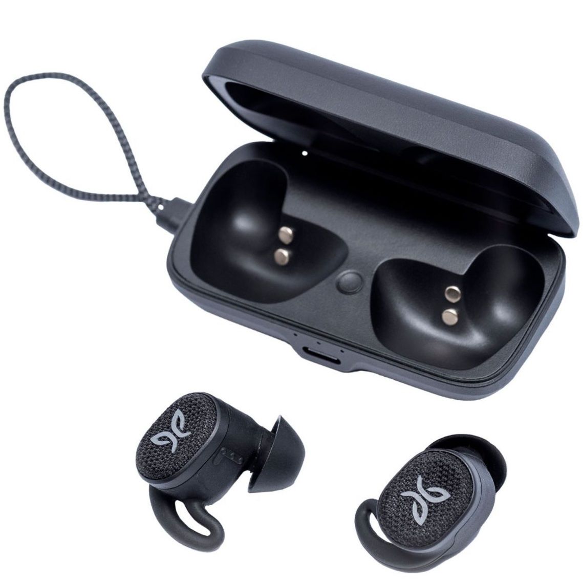 Jaybird Vista 2 earbuds laying at different angles outside the charging case