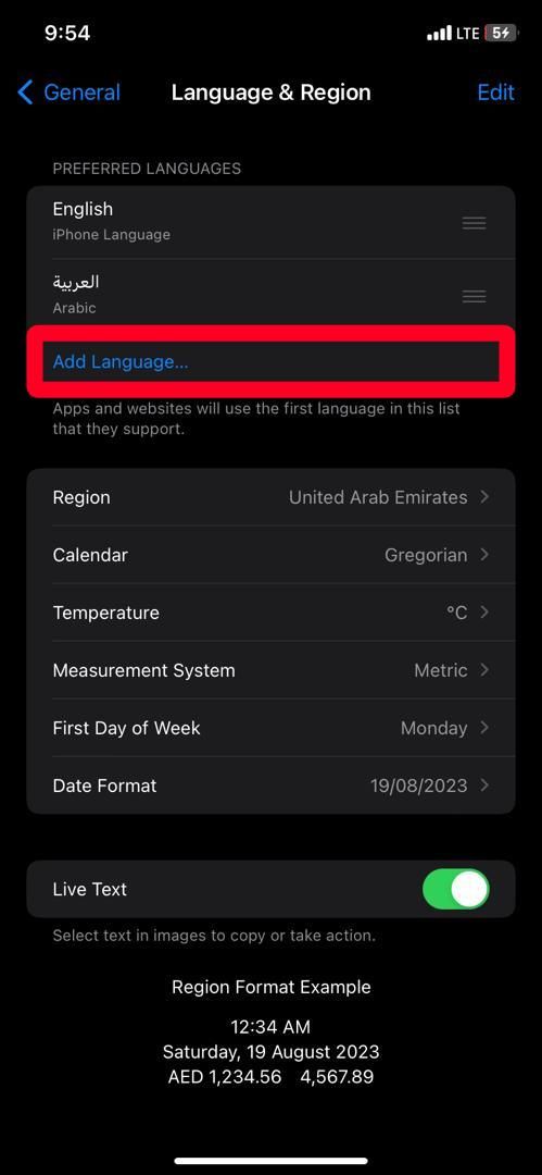 Language and Region menu on iOS 16.