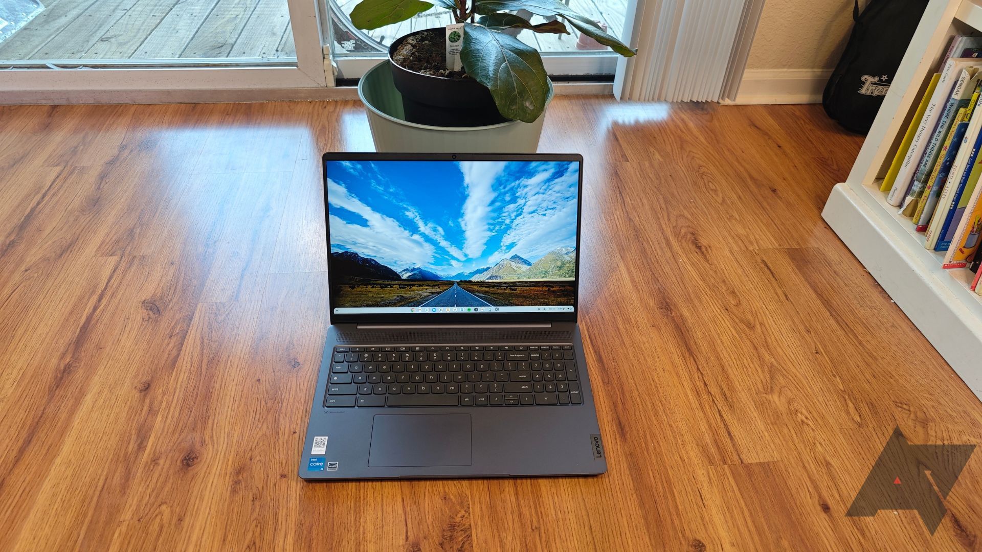 A Lenovo IdeaPad 5i Chromebook sitting on a wood floor in front of a plant
