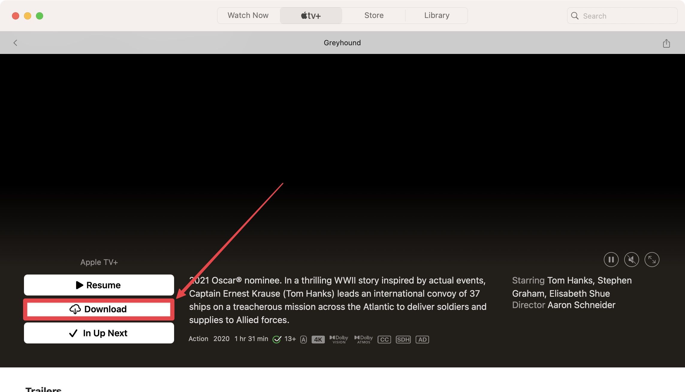 Screenshot showing movie download button in Apple TV Mac App 