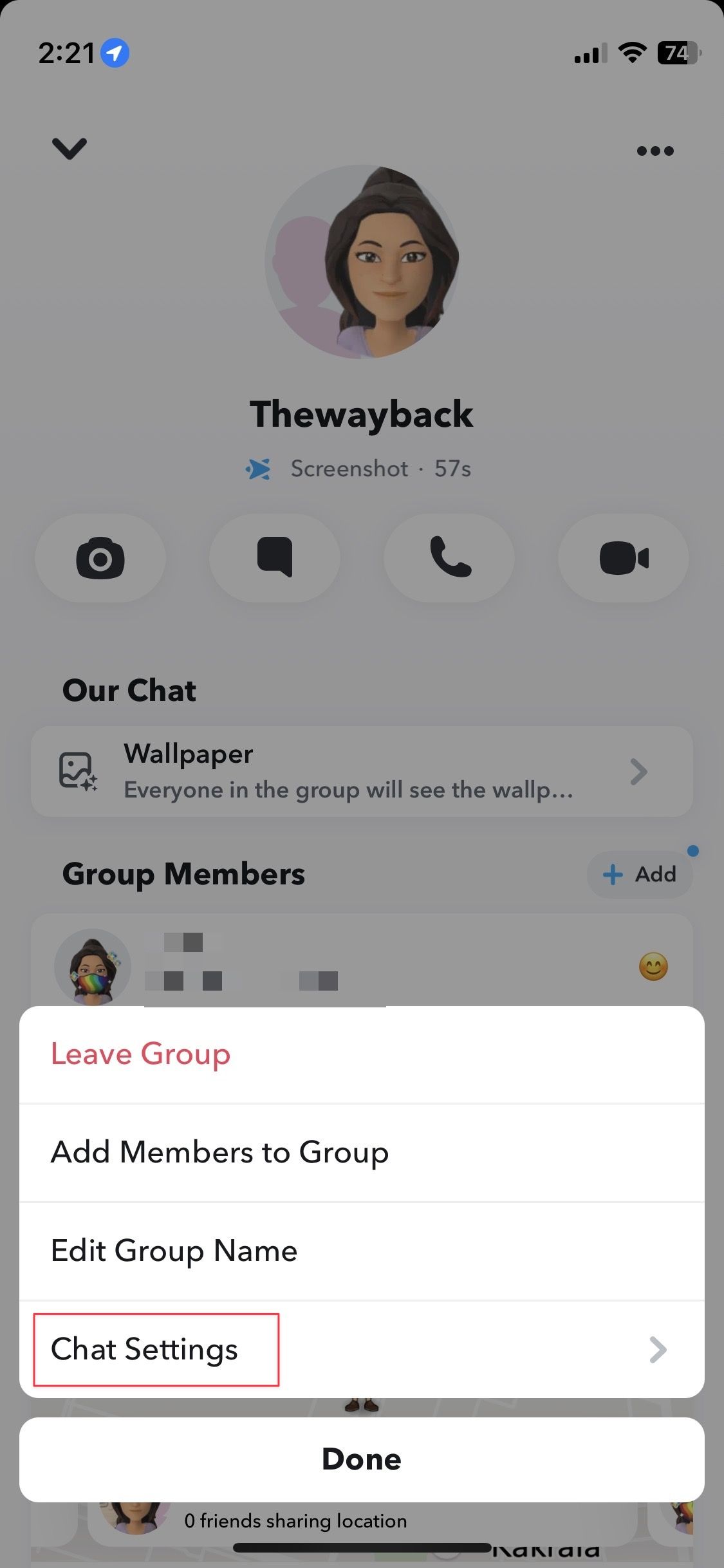 Captura de tela mostrando as configurações de bate-papo no bate-papo em grupo do Snapchat