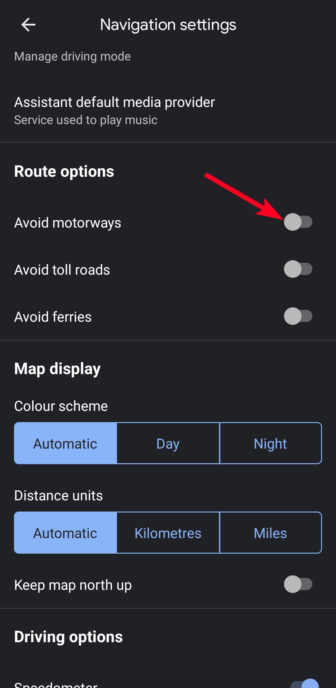 Menu de configurações de navegação no aplicativo móvel do Google Maps