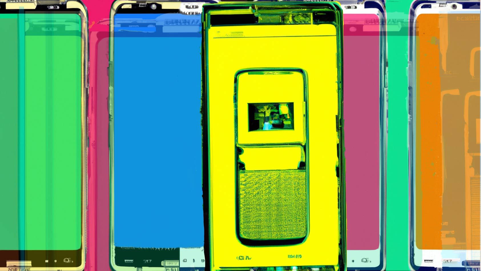 An illustration of various phones with bright screens and a yellow phone with an image of another phone in the forefront.