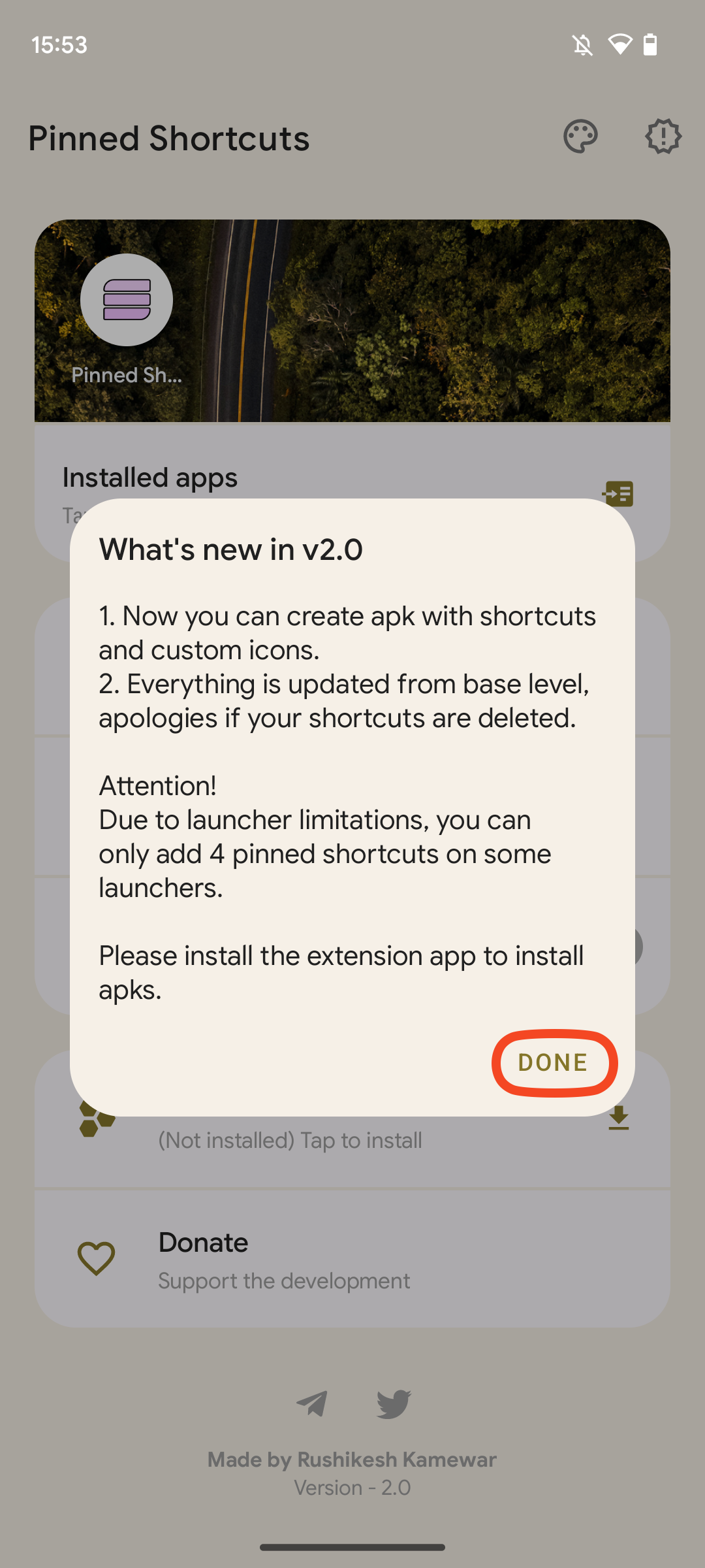 Captura de tela do aplicativo Atalhos fixados com a caixa de diálogo de inicialização