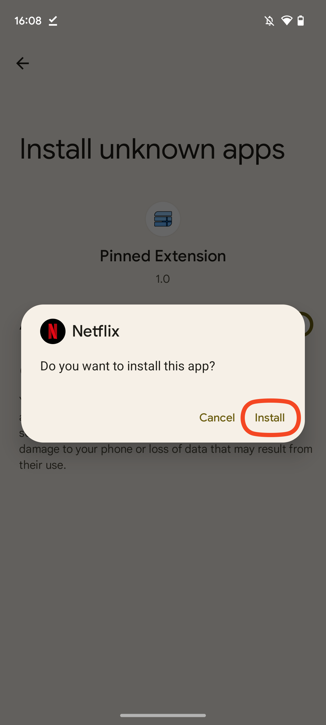 Captura de tela da caixa de diálogo de instalação do Netflix, perguntando se você deseja instalar o aplicativo