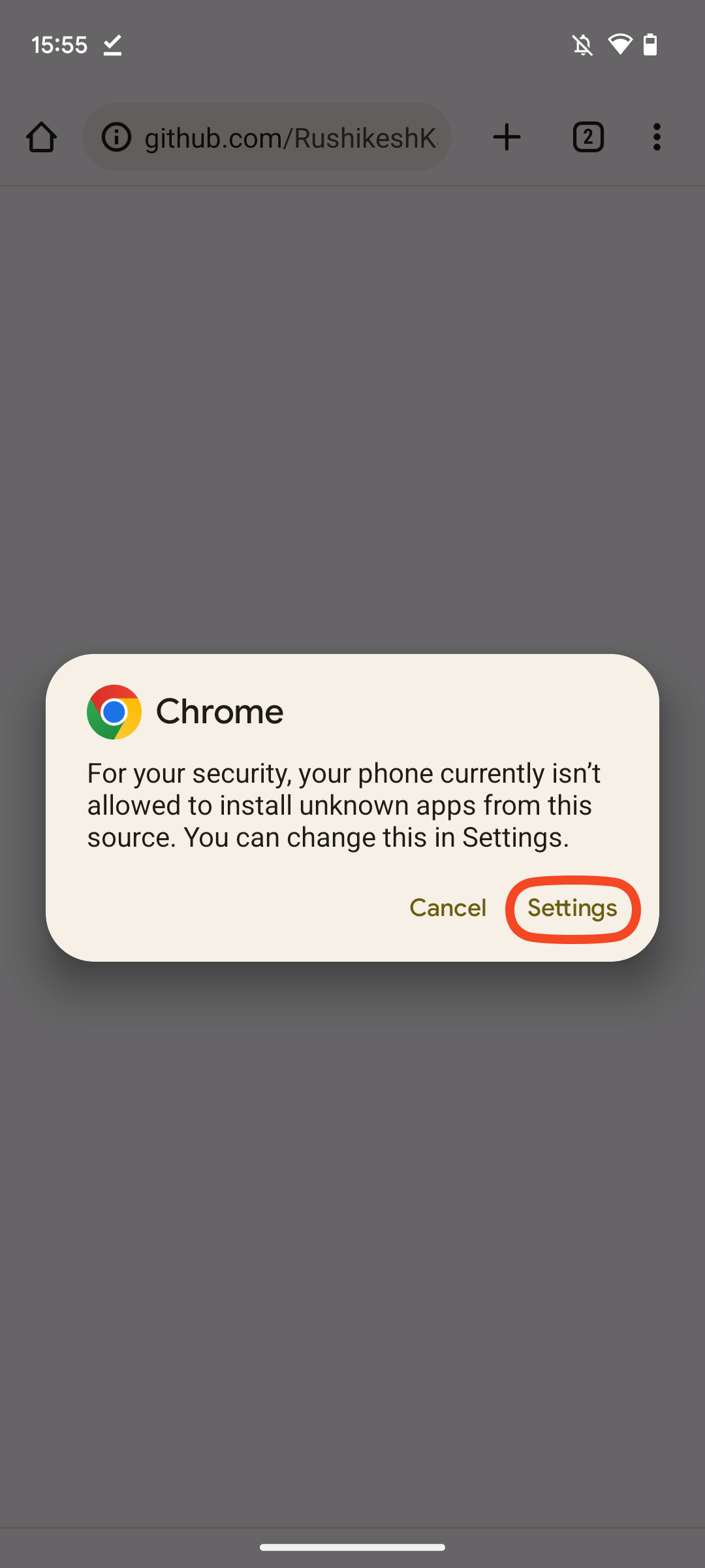 Captura de tela do pop-up do Chrome solicitando que você vá para Configurações para permitir a instalação de aplicativos desconhecidos