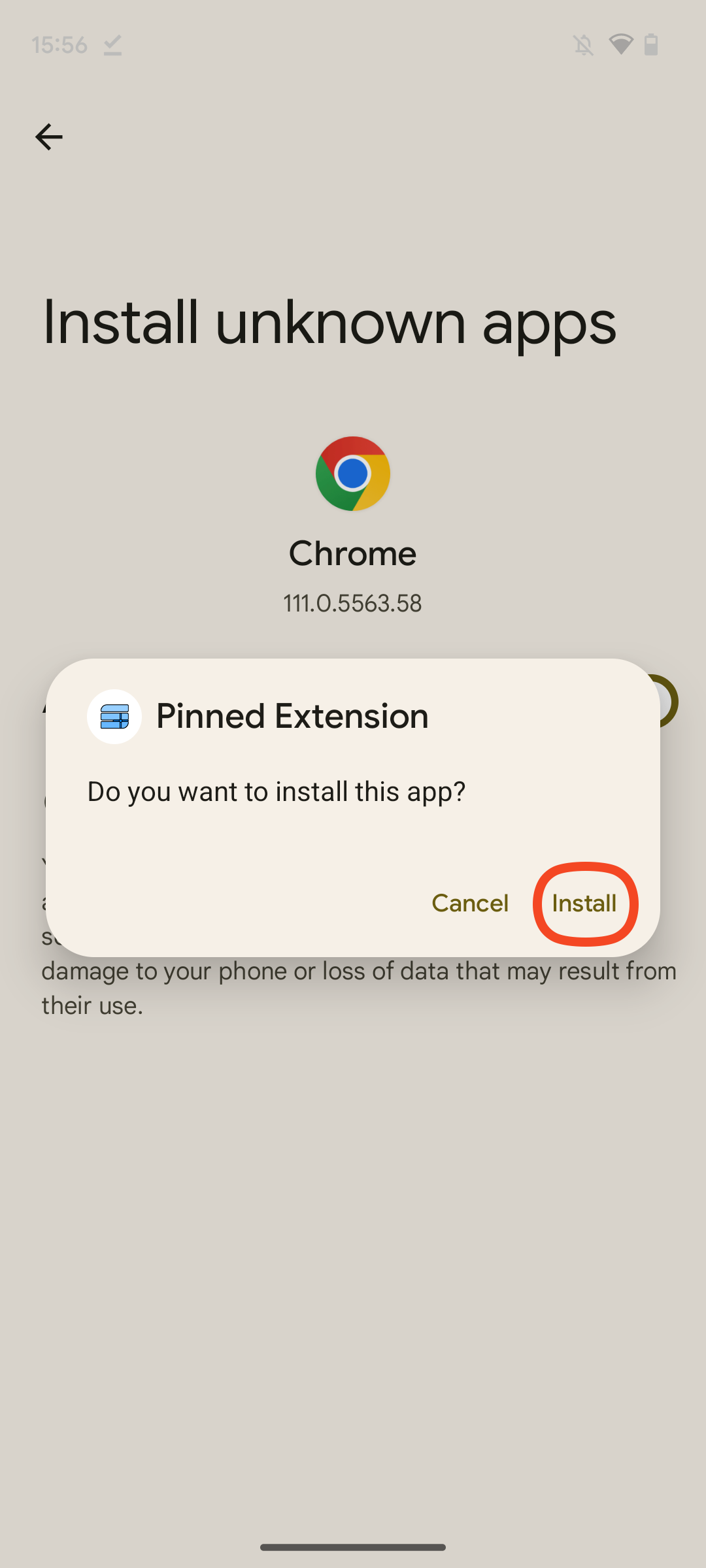 Captura de tela do pop-up de instalação do aplicativo Pinned Extension, com 