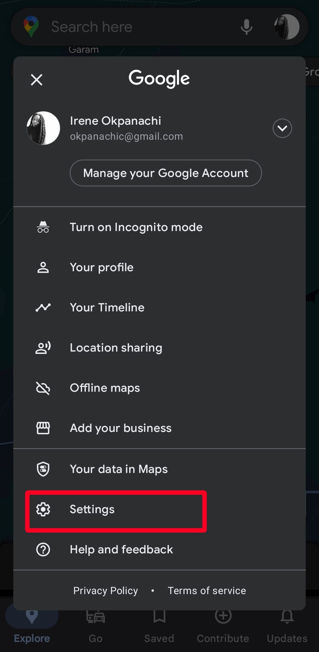 opções de menu de perfil no aplicativo móvel do Google Maps