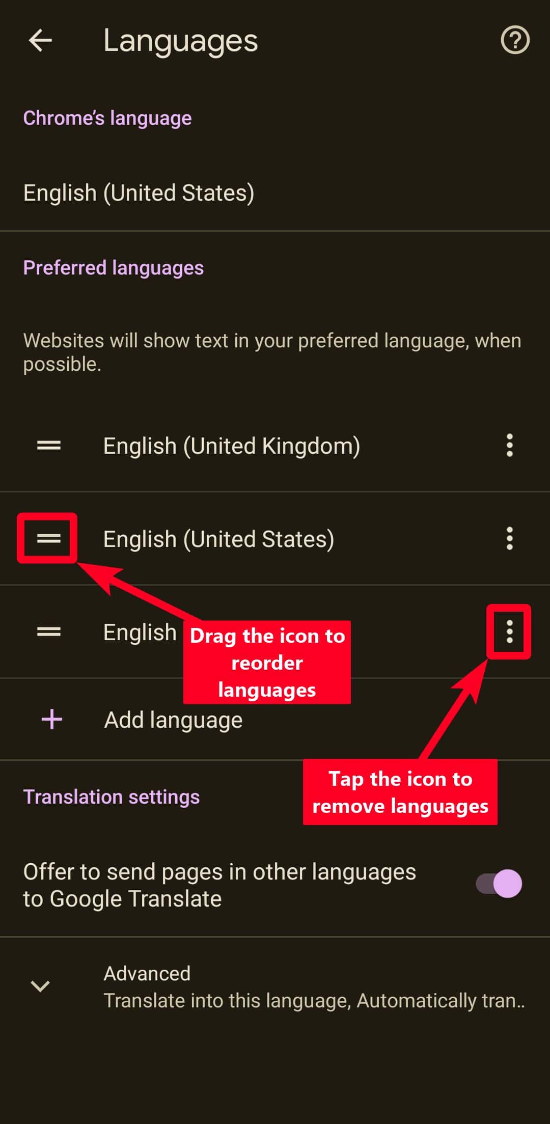 Reordering Preferred languages in Chrome on Android.