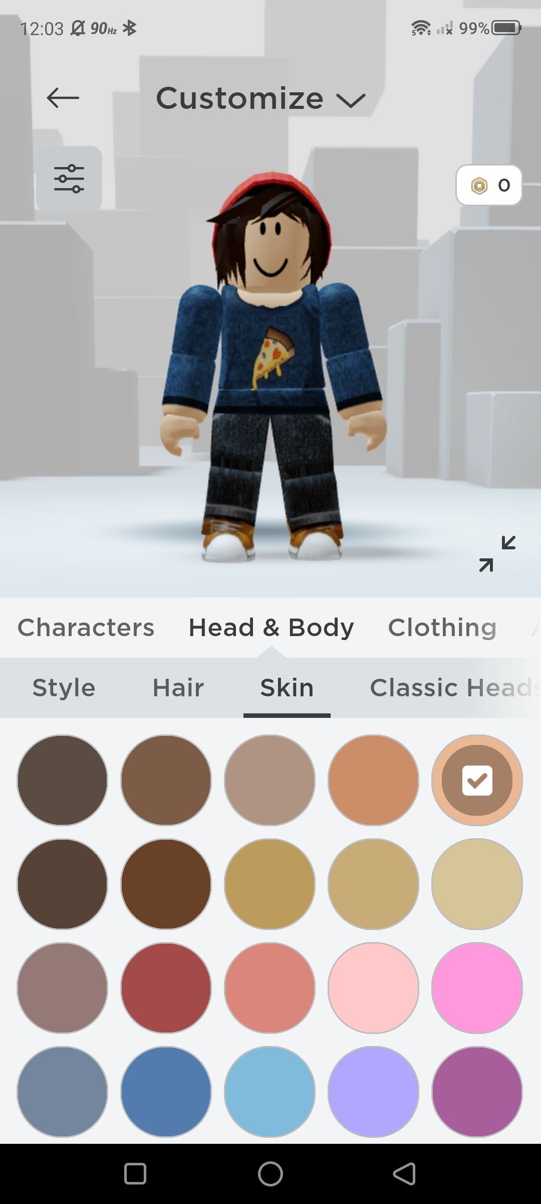 Captura de tela das opções de personalização do Roblox para skin