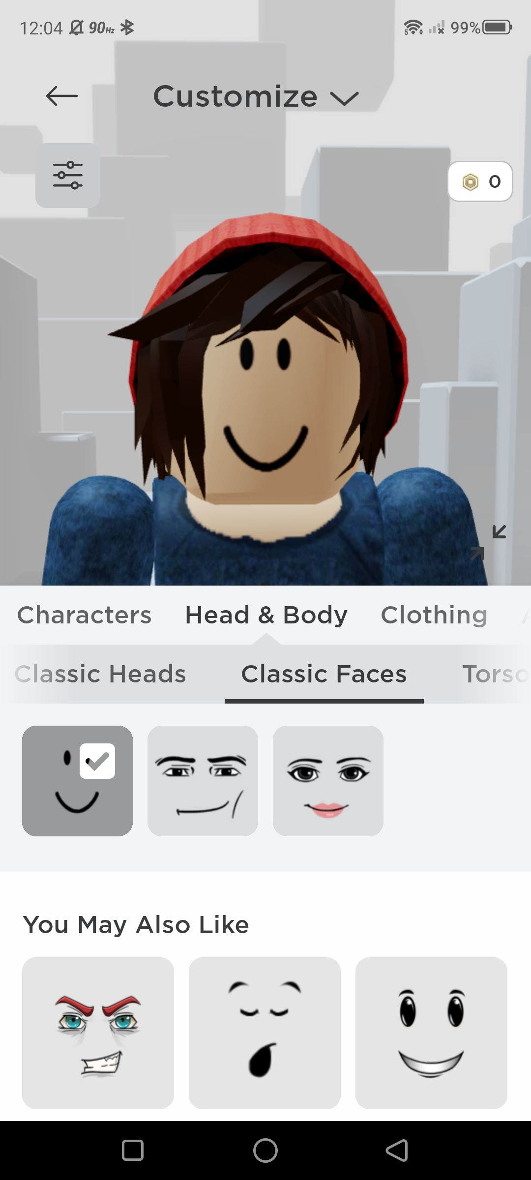 Captura de tela das opções de personalização do Roblox para expressões faciais