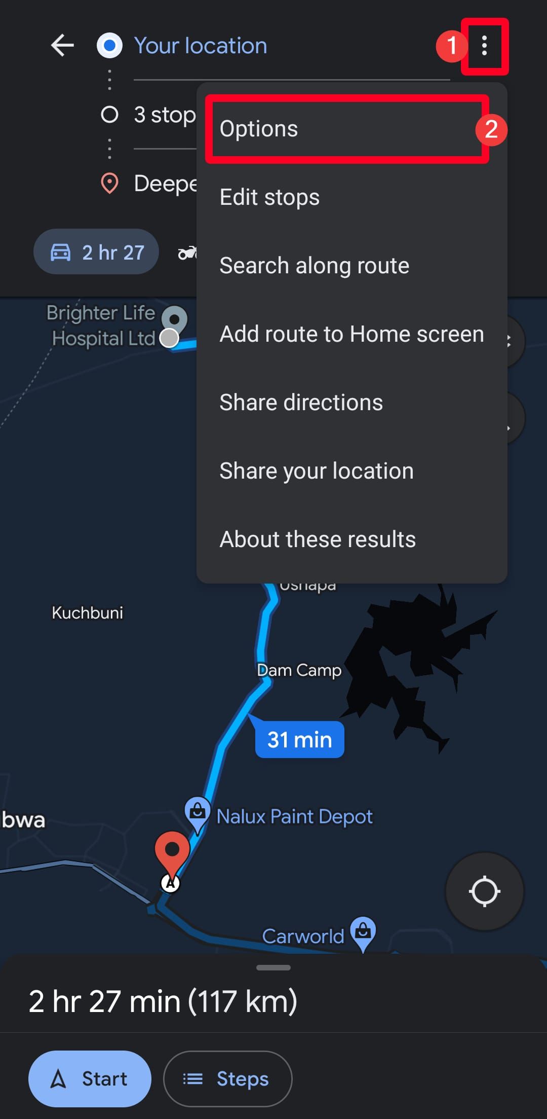 Opções de rota no aplicativo móvel do Google Maps