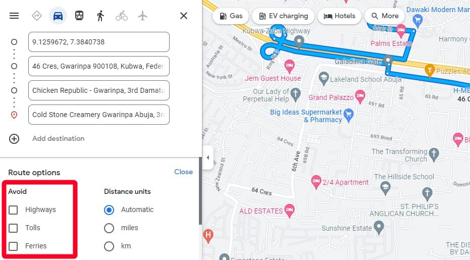 Route options on Google Maps website