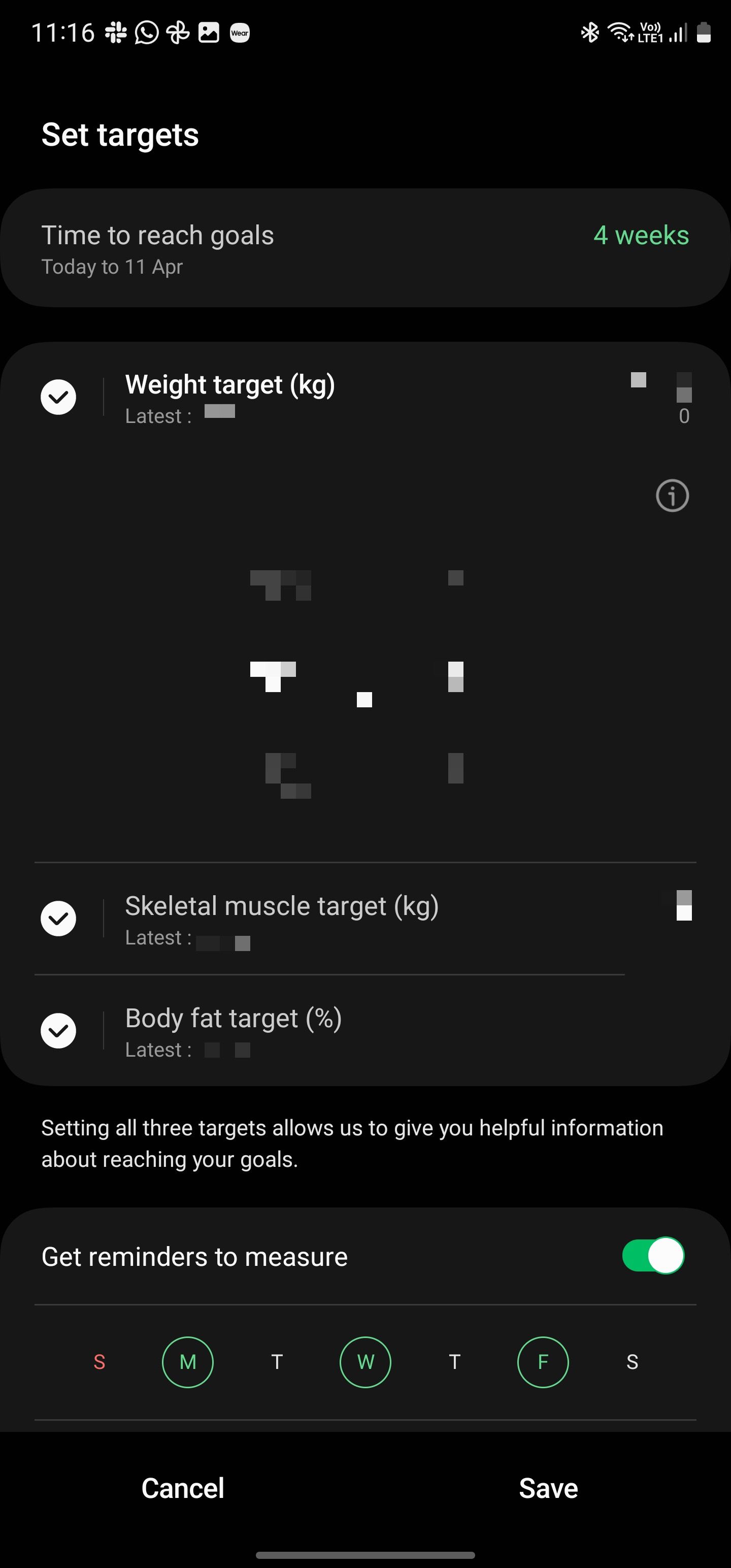 Setting targets for body composition in Samsung Health