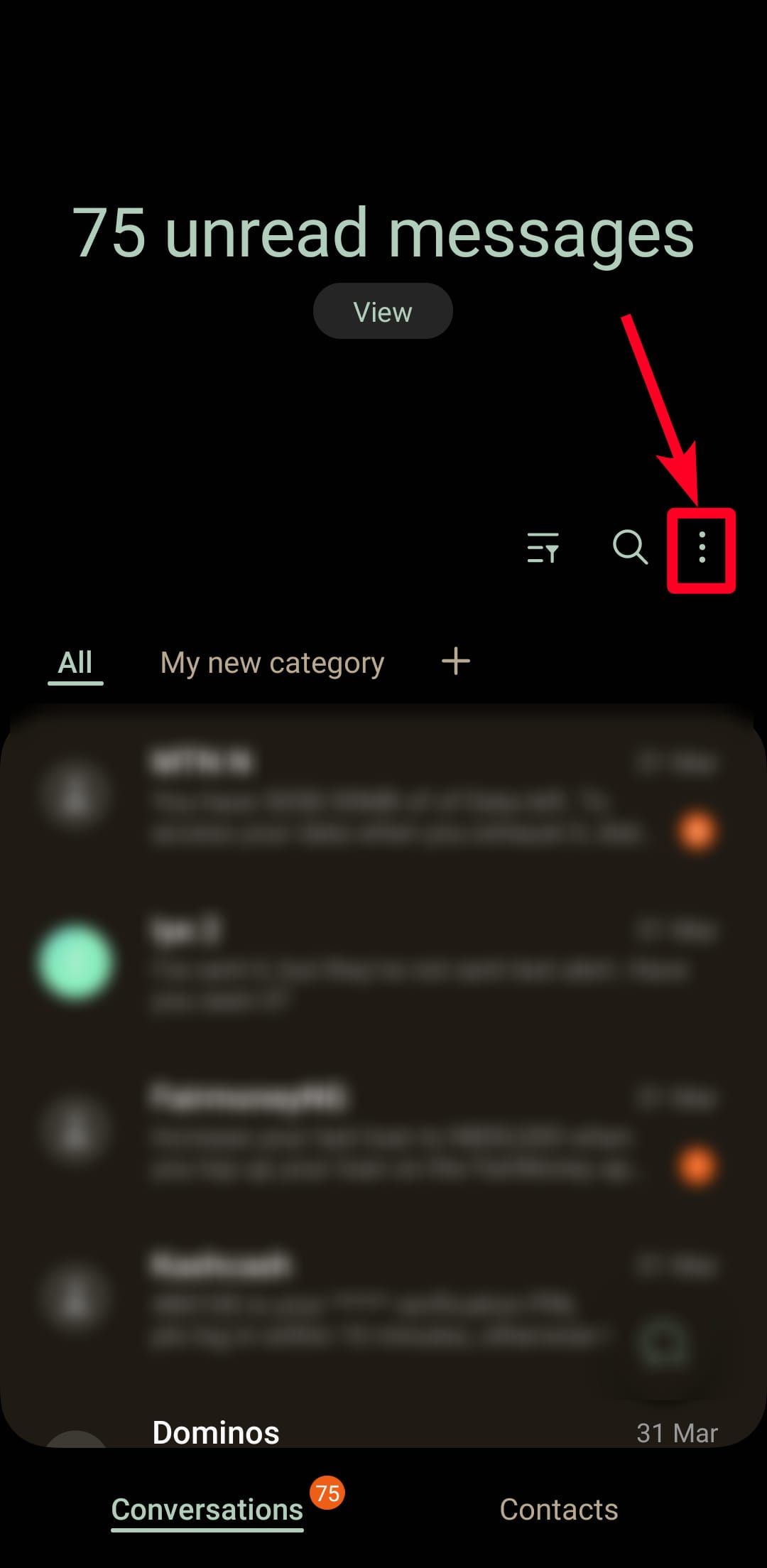 The Samsung Messages app main screen with a red arrow pointing to the three dots menu