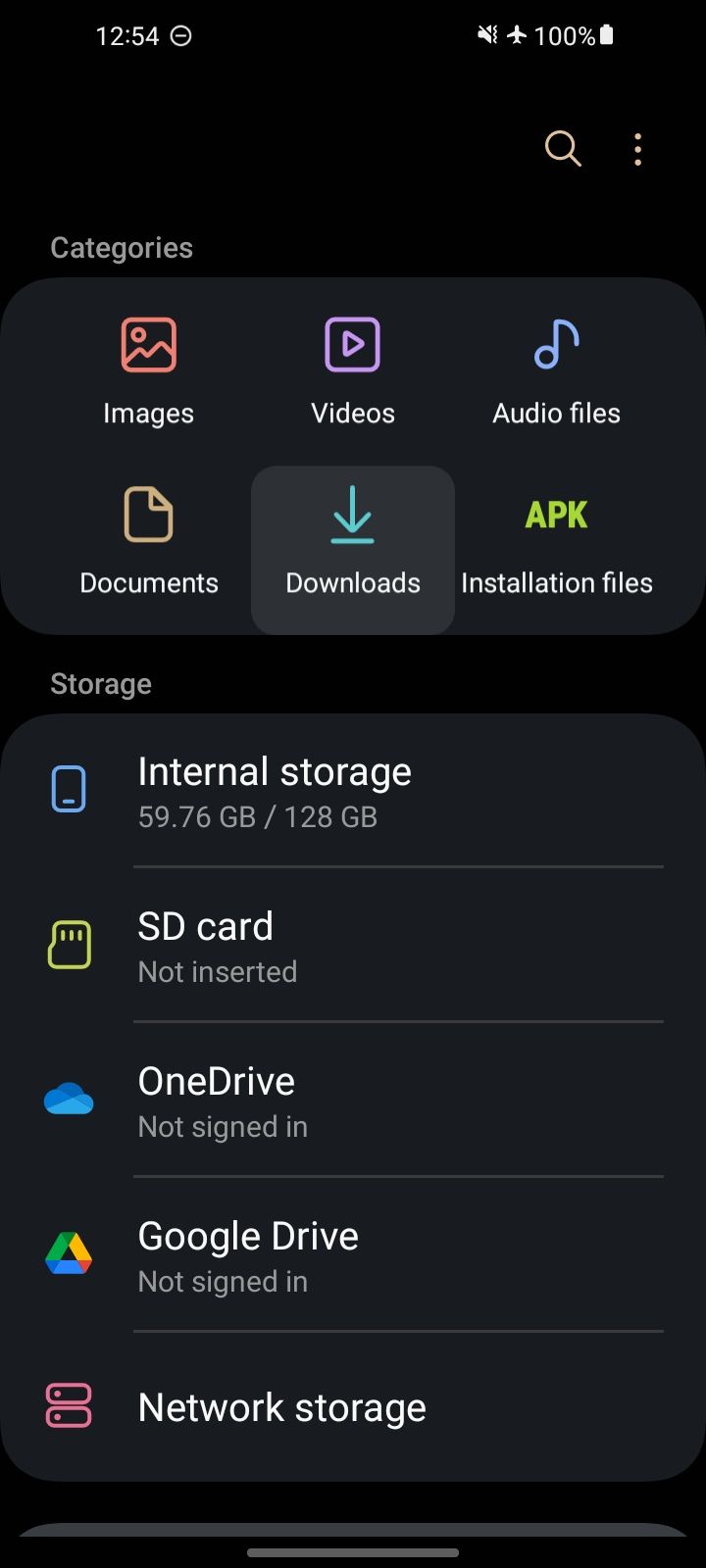 Samsung My Files app on Android highlighting the Downloads section
