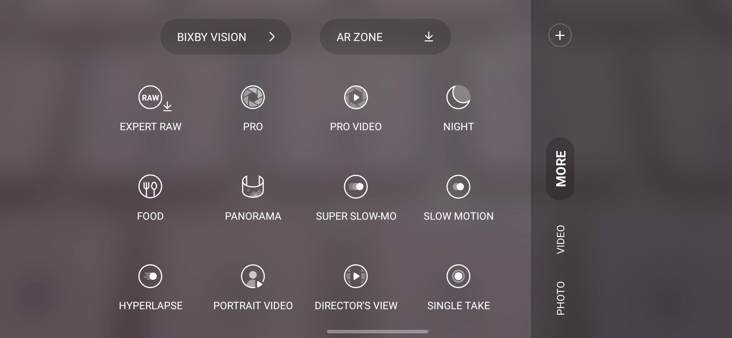 A screenshot of the Samsung camera app, showing a shortcut to Expert RAW.