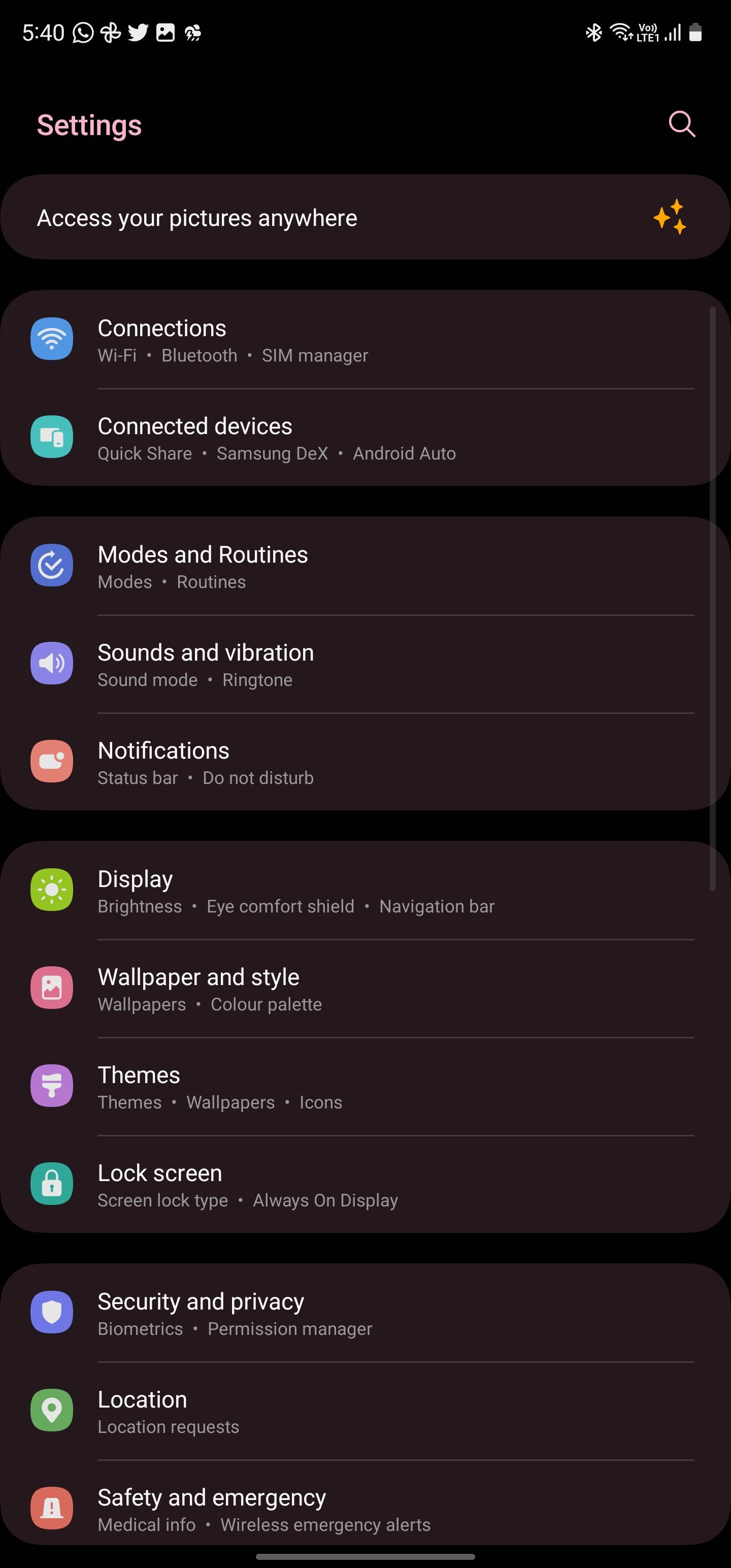 Settings menu on Samsung phone