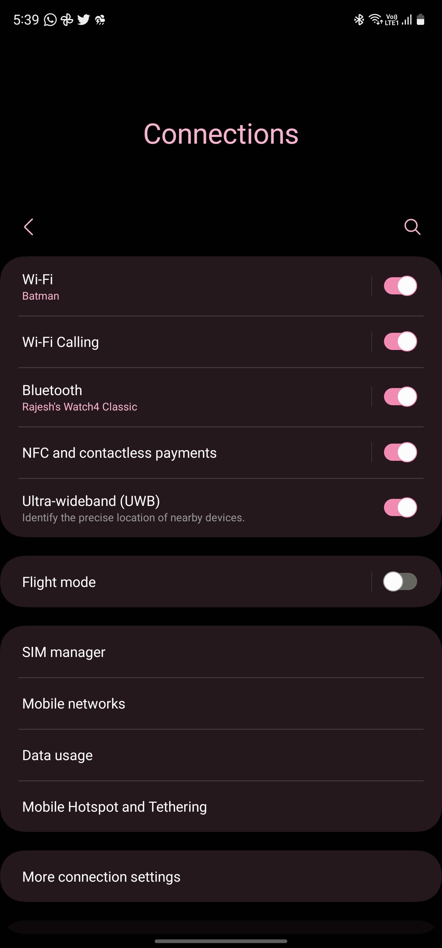 Connections menu in Samsung phone