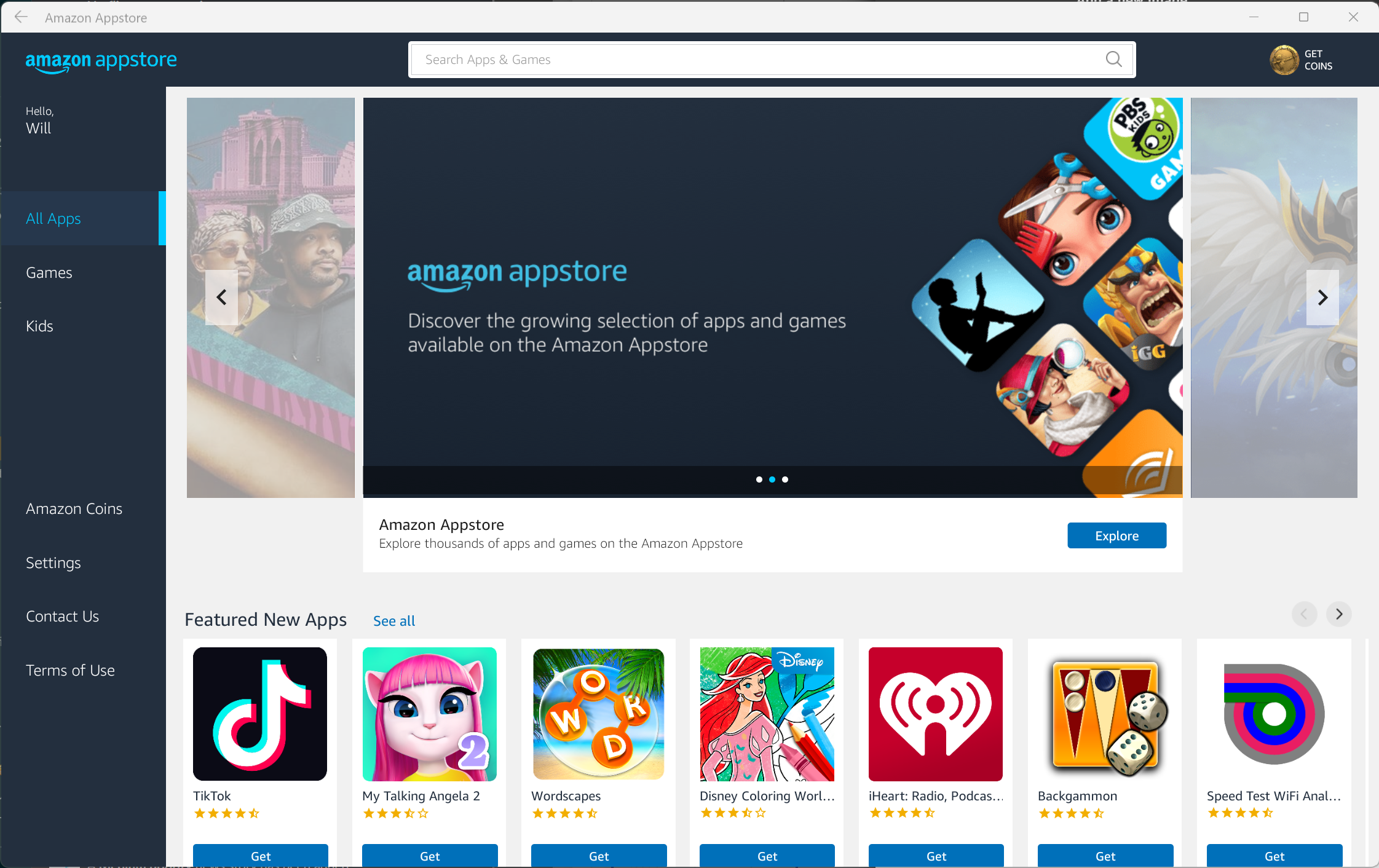 The Amazon Appstore home page on Windows 11.